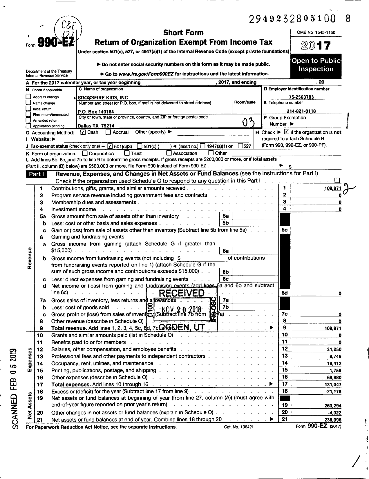 Image of first page of 2017 Form 990EZ for Crossfire Kids