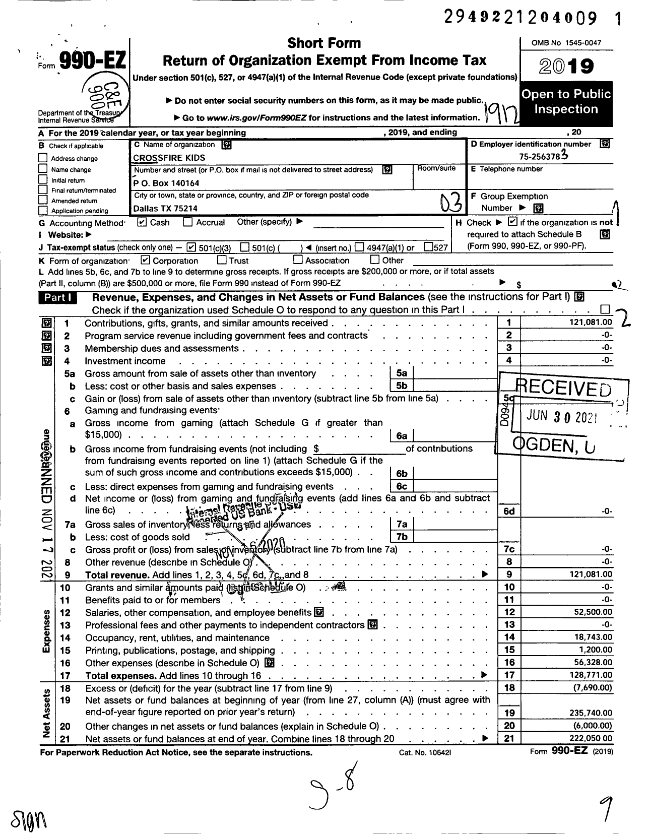 Image of first page of 2019 Form 990EZ for Crossfire Kids