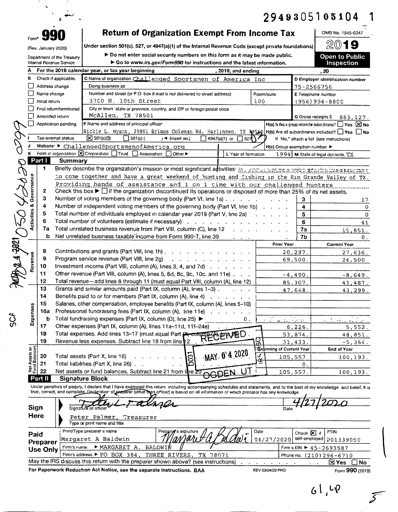 Image of first page of 2019 Form 990 for Challenged Sportsmen of America