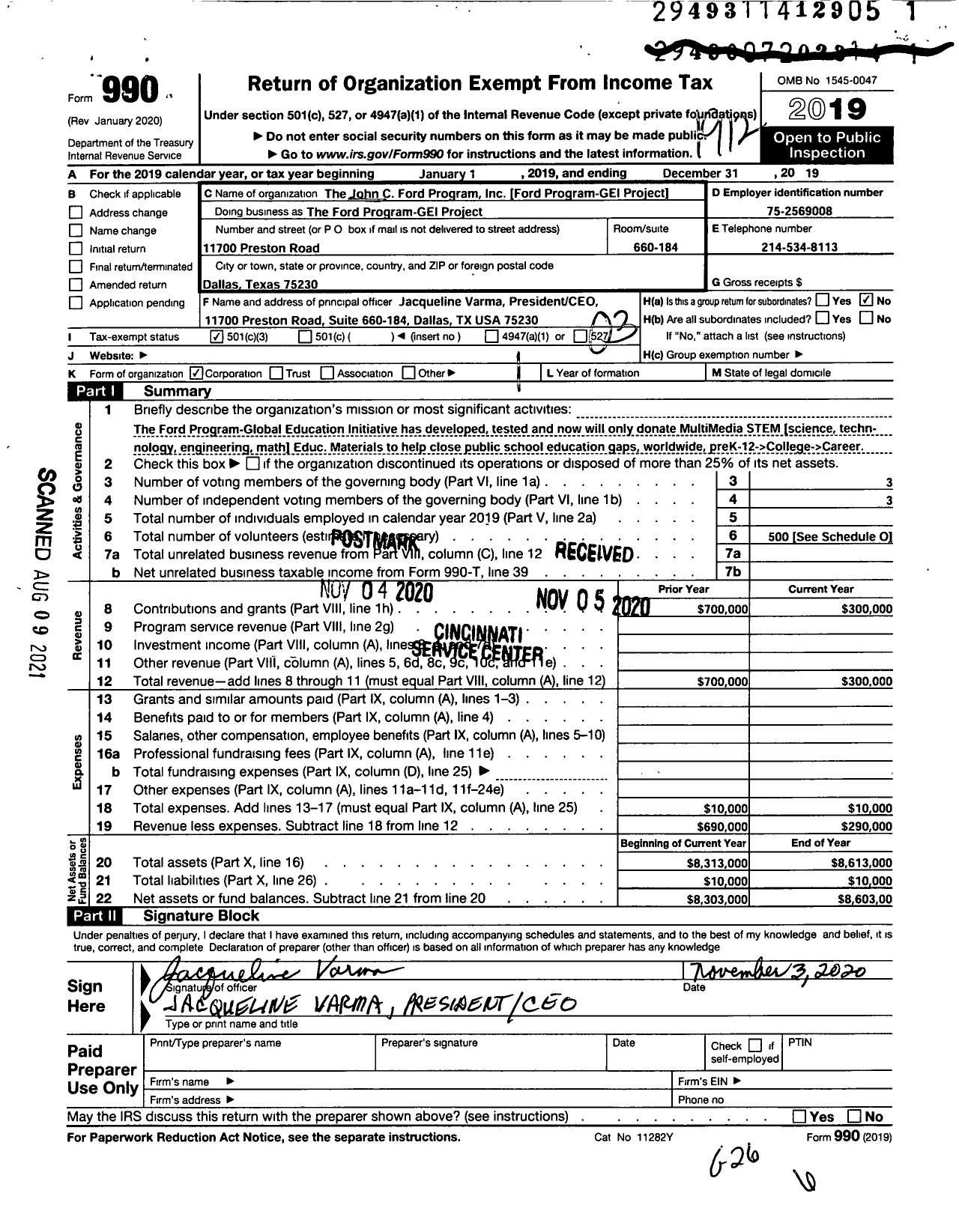 Image of first page of 2019 Form 990 for The John C Ford Program the Ford Program-Gei Project