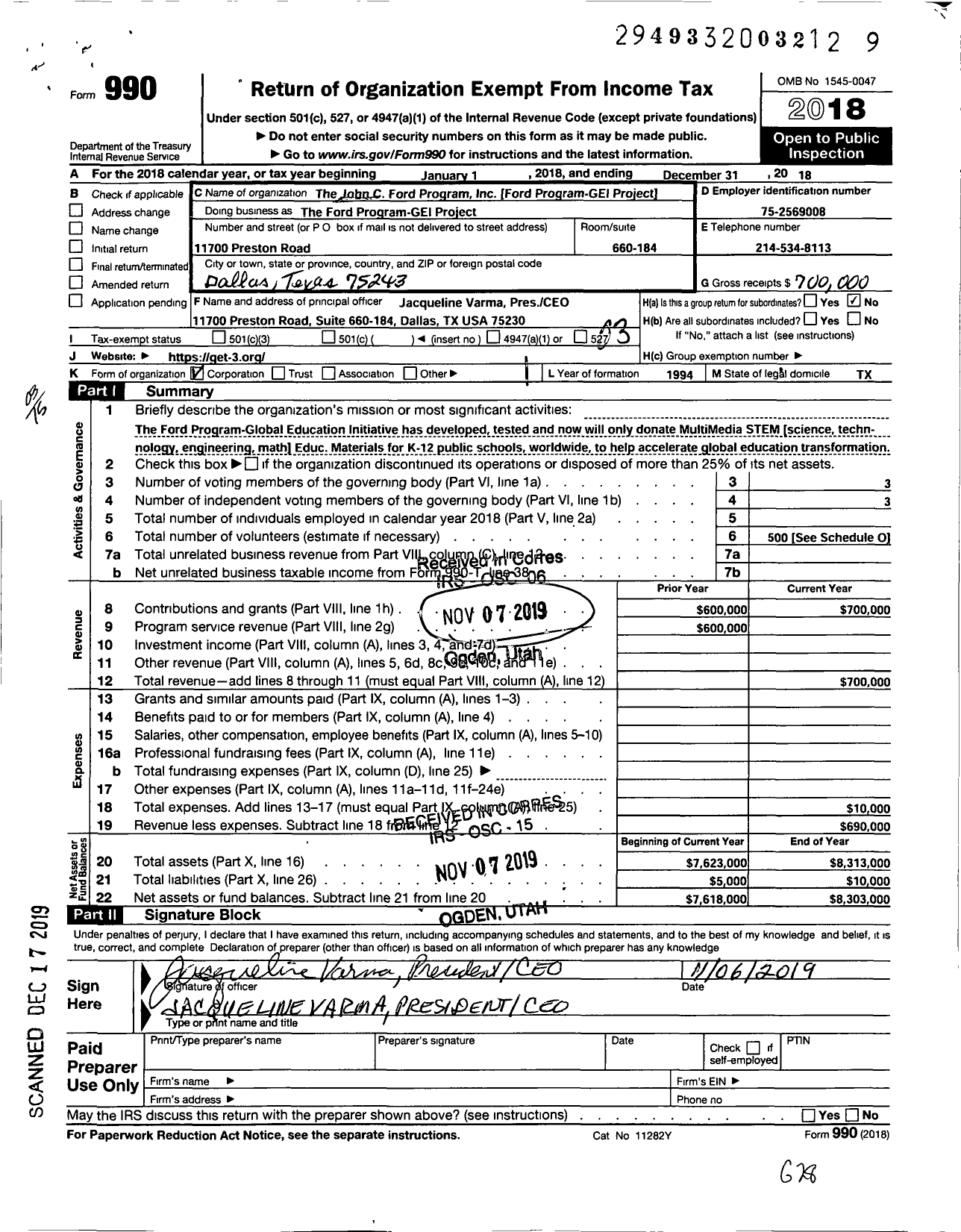 Image of first page of 2018 Form 990 for The John C Ford Program the Ford Program-Gei Project