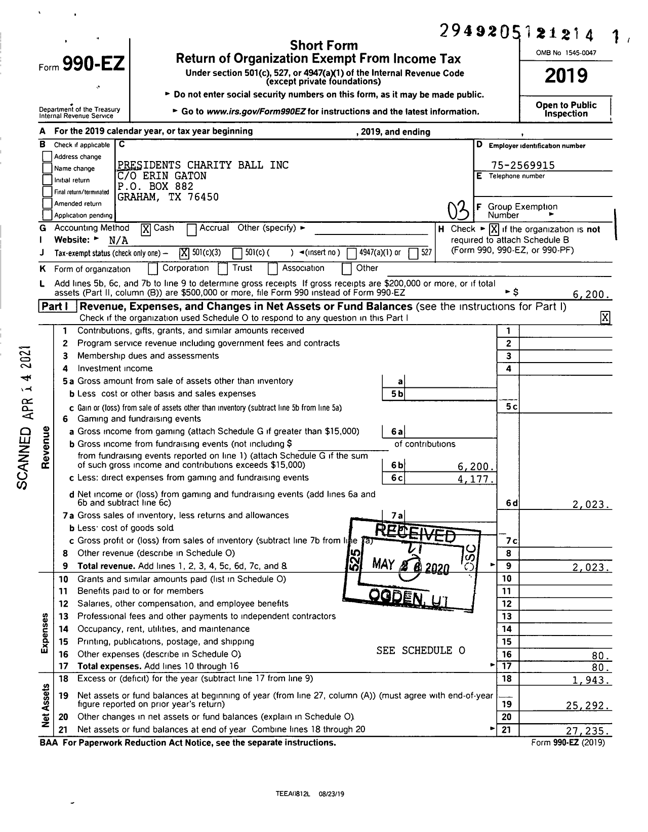 Image of first page of 2019 Form 990EZ for Presidents Charity Ball