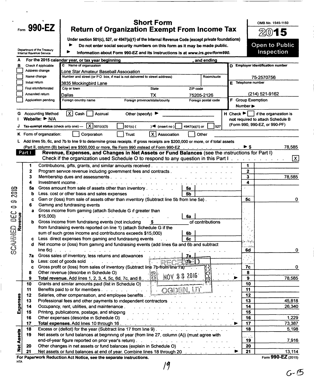 Image of first page of 2015 Form 990EZ for Lone Star Amateur Baseball Association