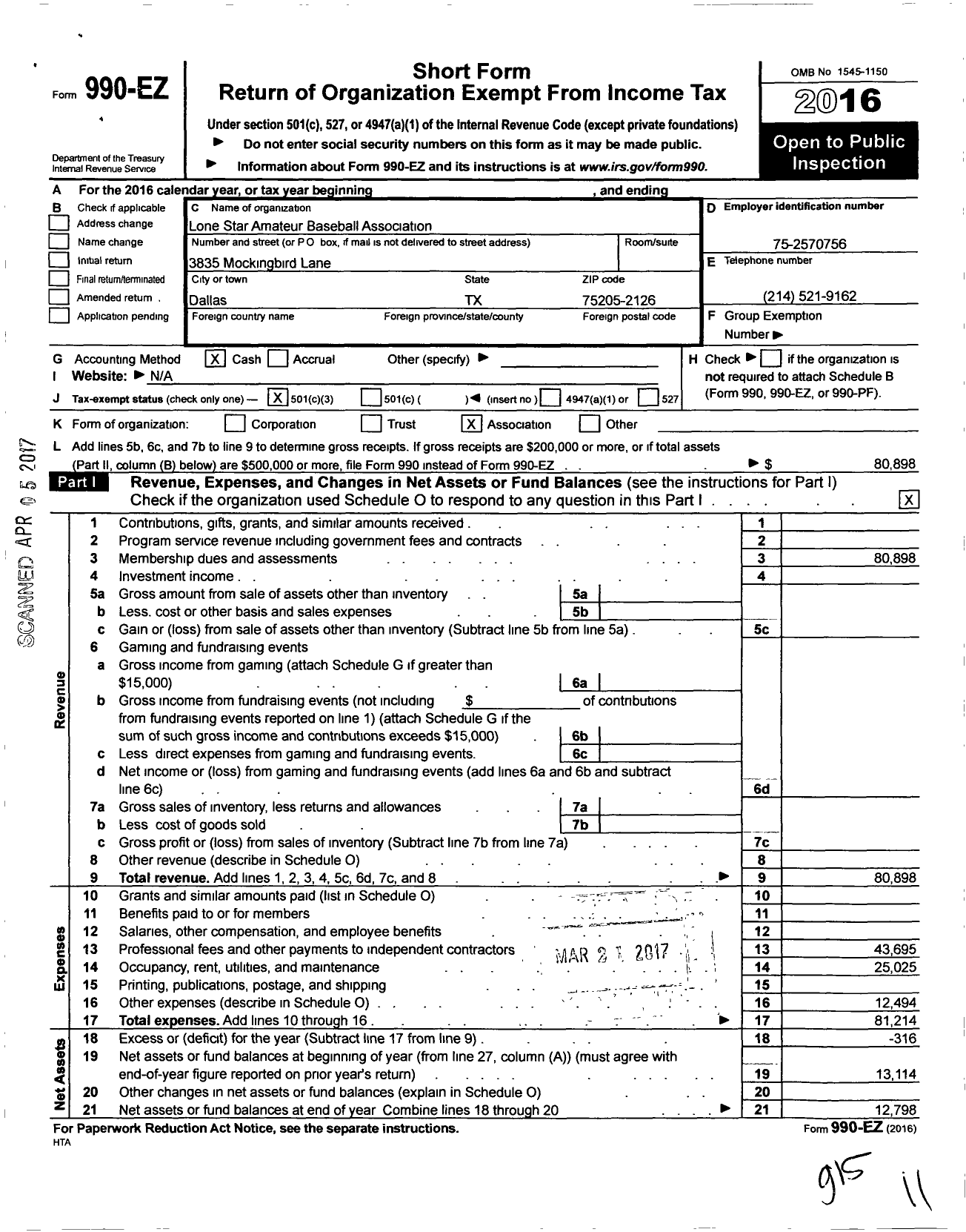 Image of first page of 2016 Form 990EZ for Lone Star Amateur Baseball Association