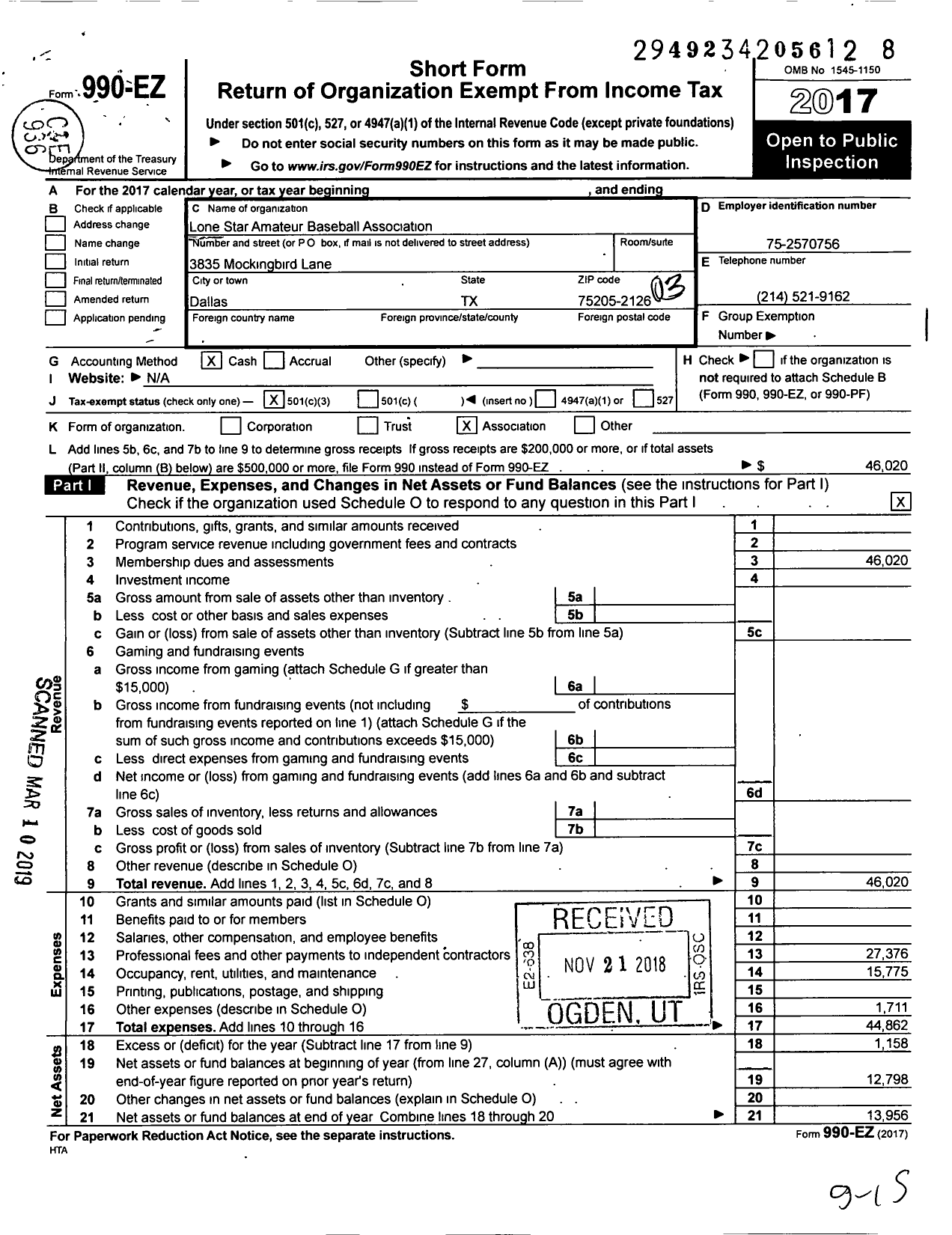 Image of first page of 2017 Form 990EZ for Lone Star Amateur Baseball Association