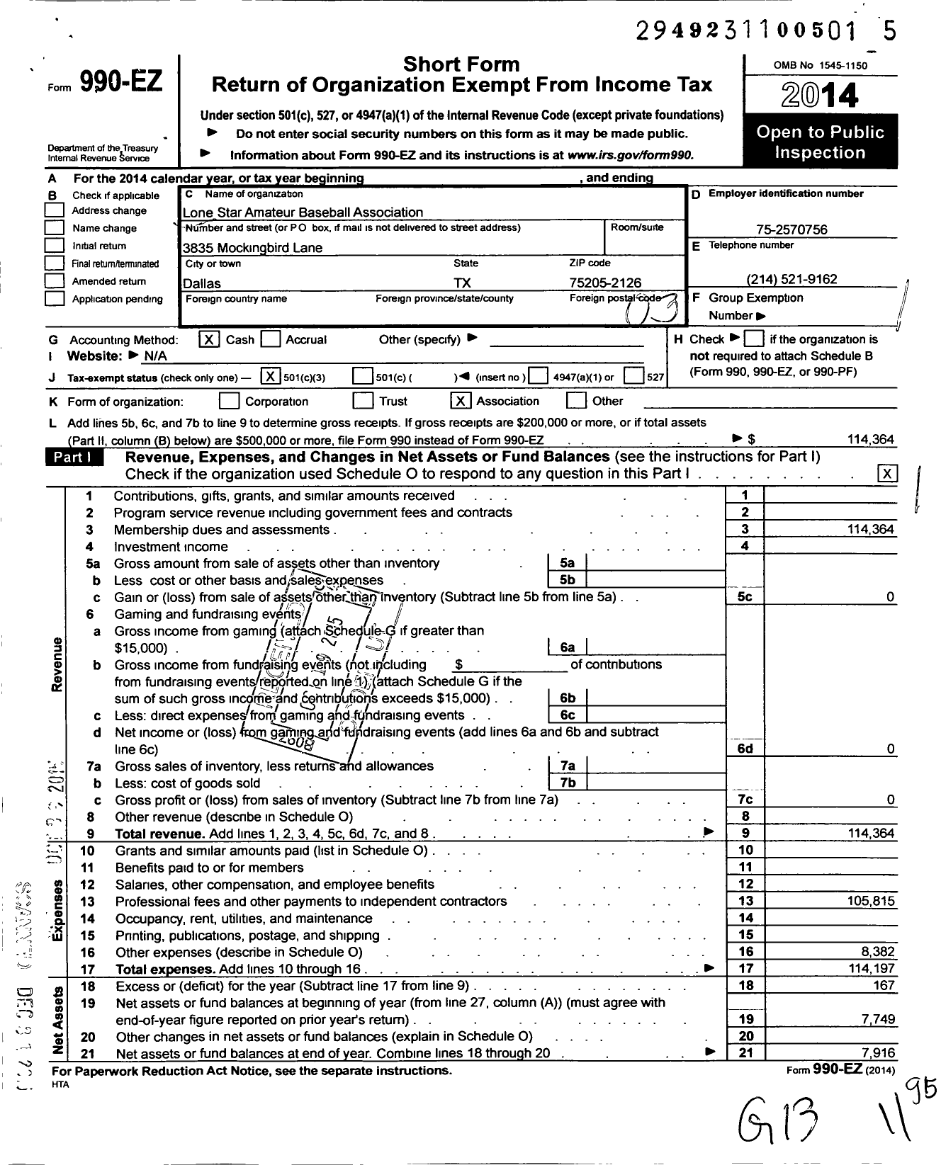 Image of first page of 2014 Form 990EZ for Lone Star Amateur Baseball Association