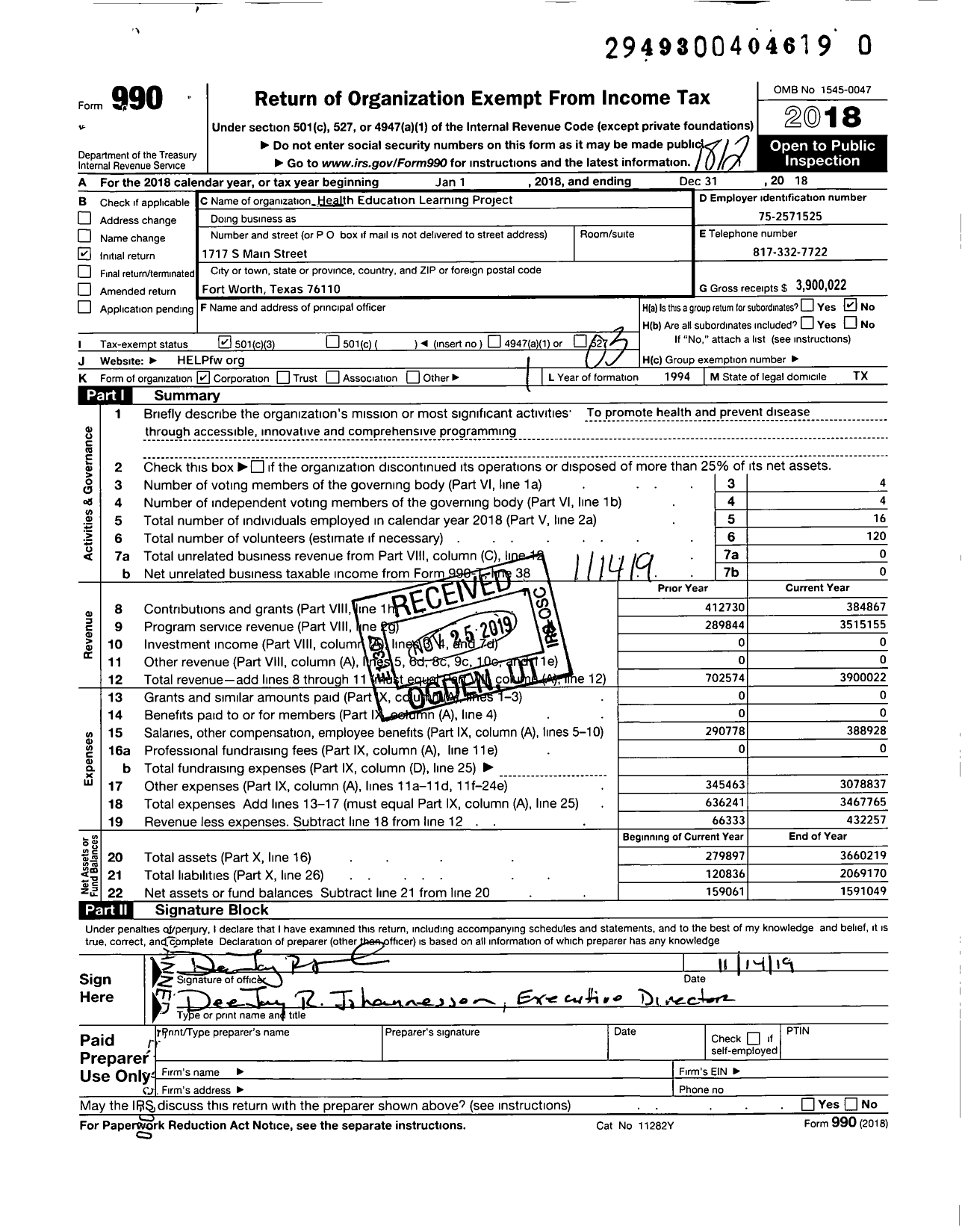 Image of first page of 2018 Form 990 for Health Education Learning Project