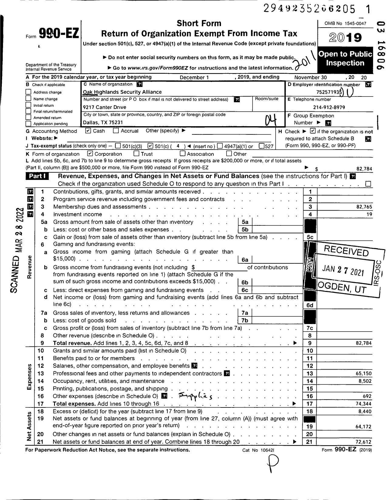 Image of first page of 2019 Form 990EO for Oak Highlands Security Alliance