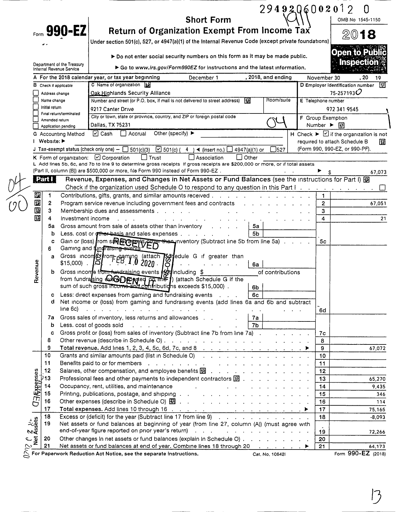 Image of first page of 2018 Form 990EO for Oak Highlands Security Alliance