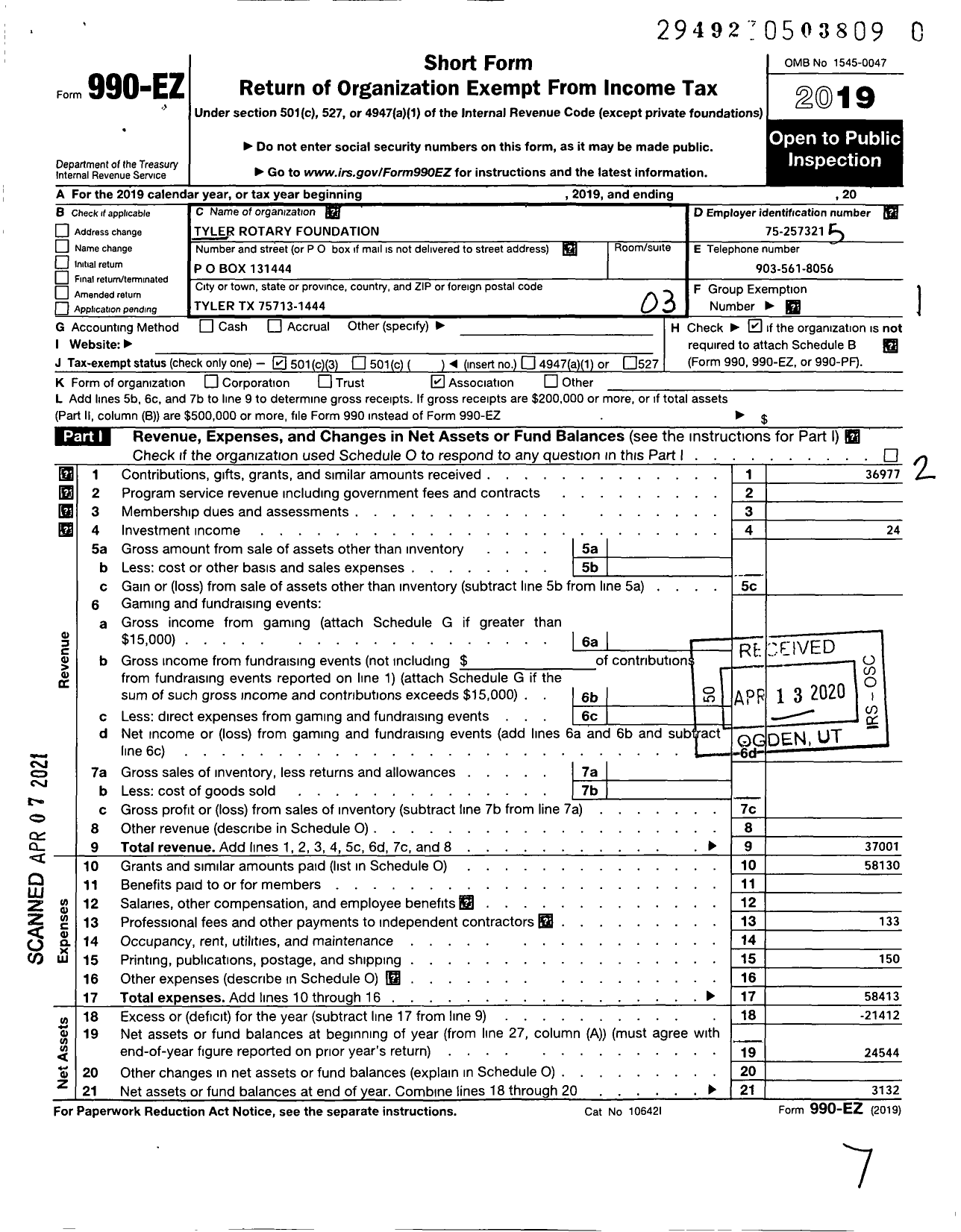 Image of first page of 2019 Form 990EZ for Tyler Rotary Foundation