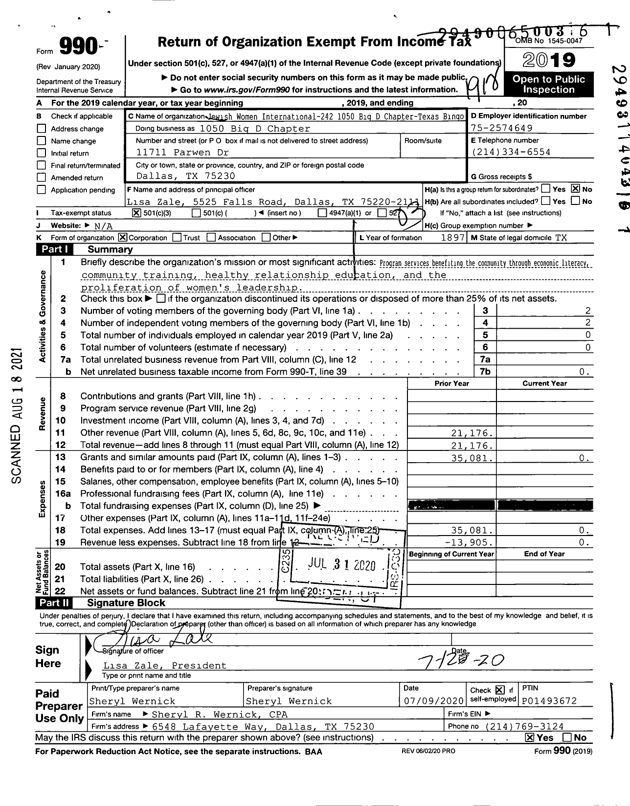 Image of first page of 2019 Form 990 for Jewish Women International-242 1050 Big D Chapter-Texas Bingo - 1050 Big D Chapter