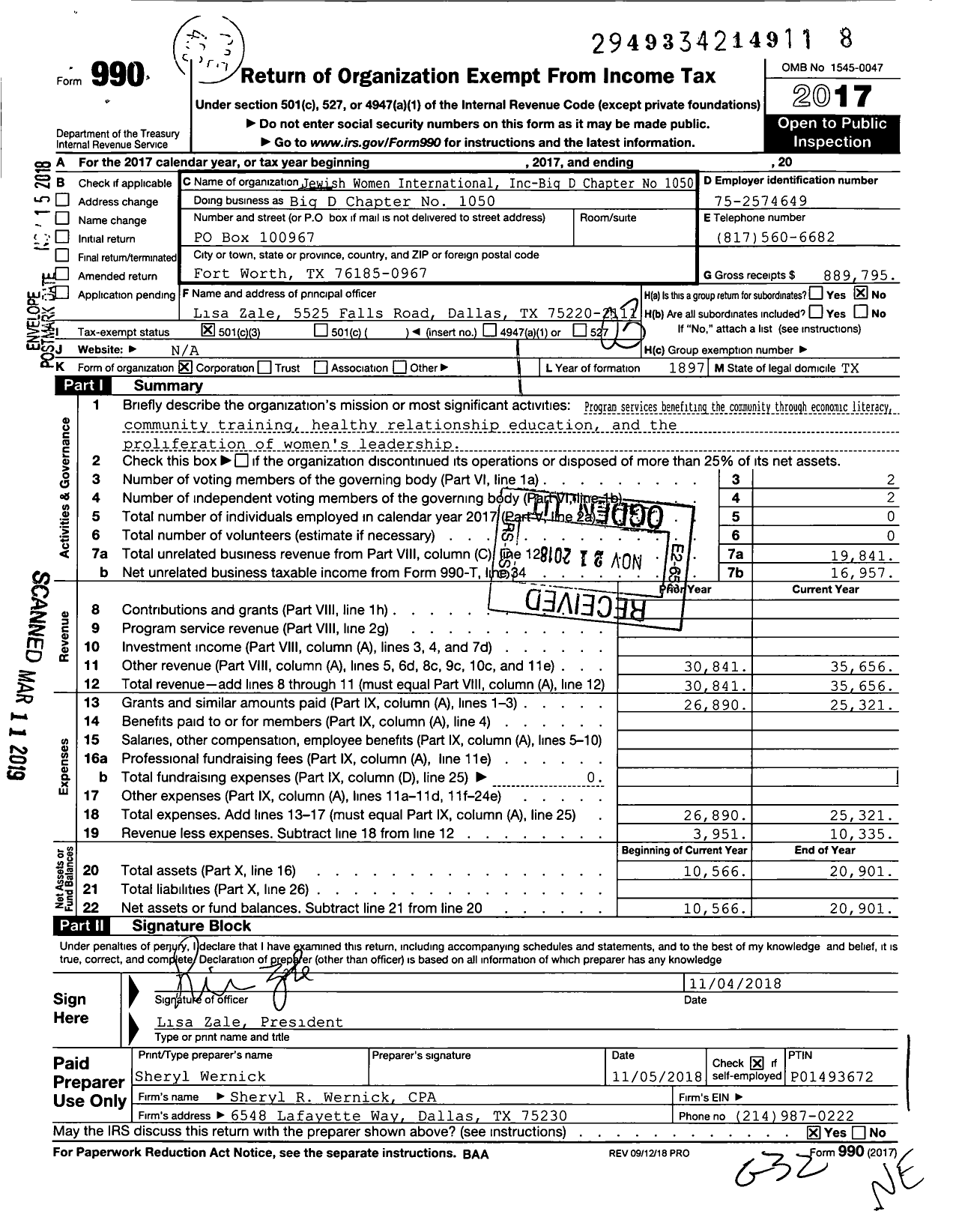 Image of first page of 2017 Form 990 for Jewish Women International-242 1050 Big D Chapter-Texas Bingo - 1050 Big D Chapter