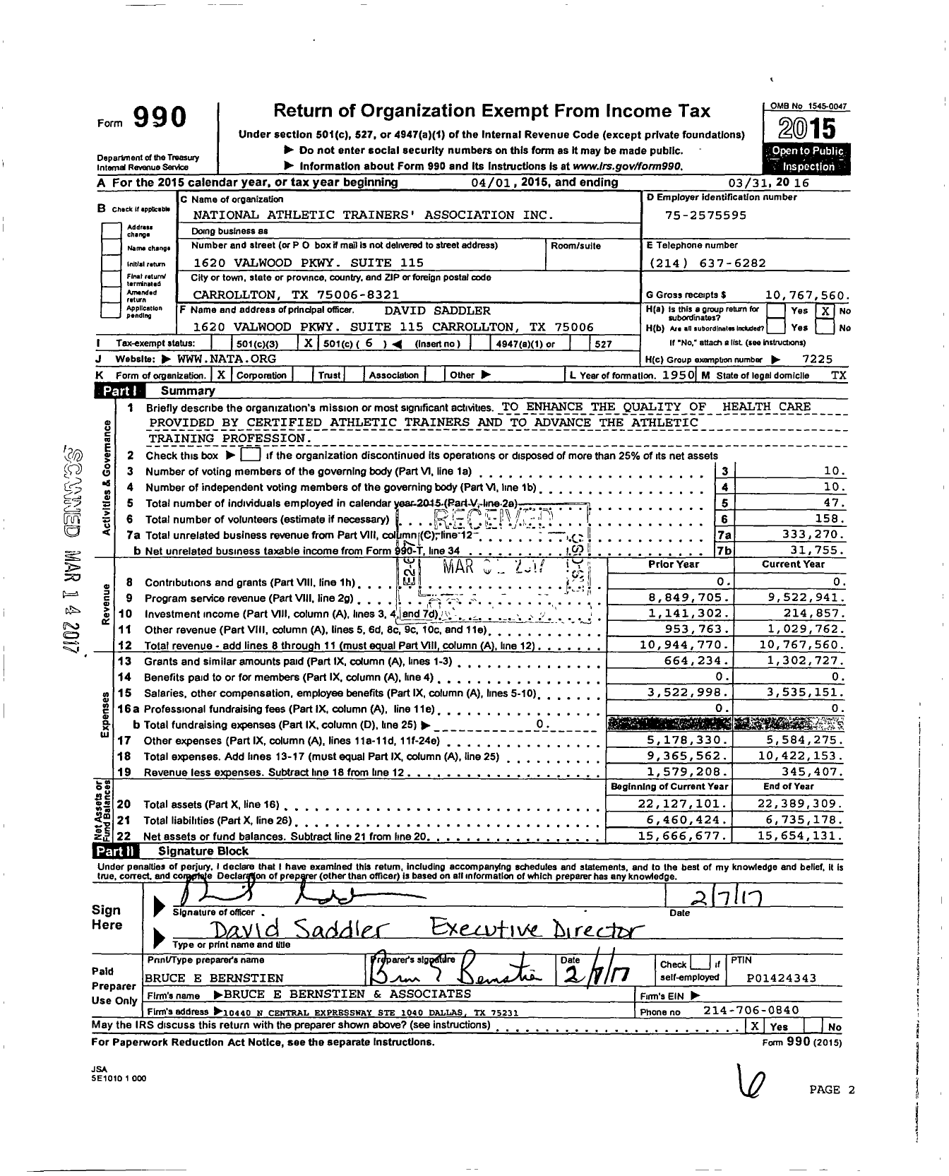 Image of first page of 2015 Form 990O for National Athletic Trainers' Association (NATA)