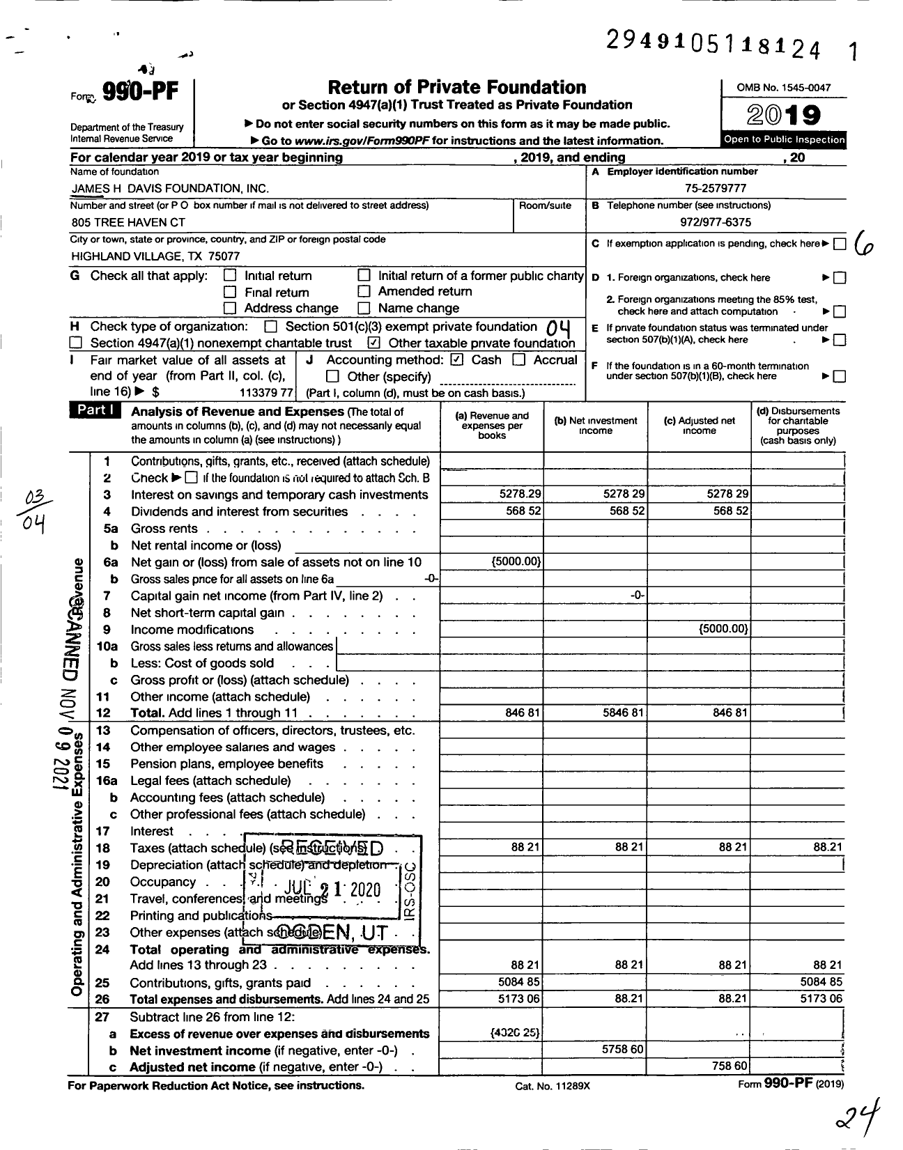 Image of first page of 2019 Form 990PF for James H Davis Foundation