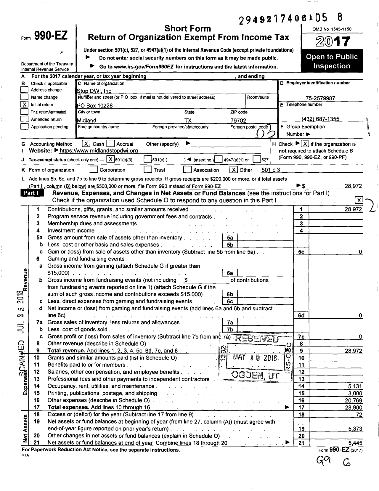 Image of first page of 2017 Form 990EZ for Stop Dwi