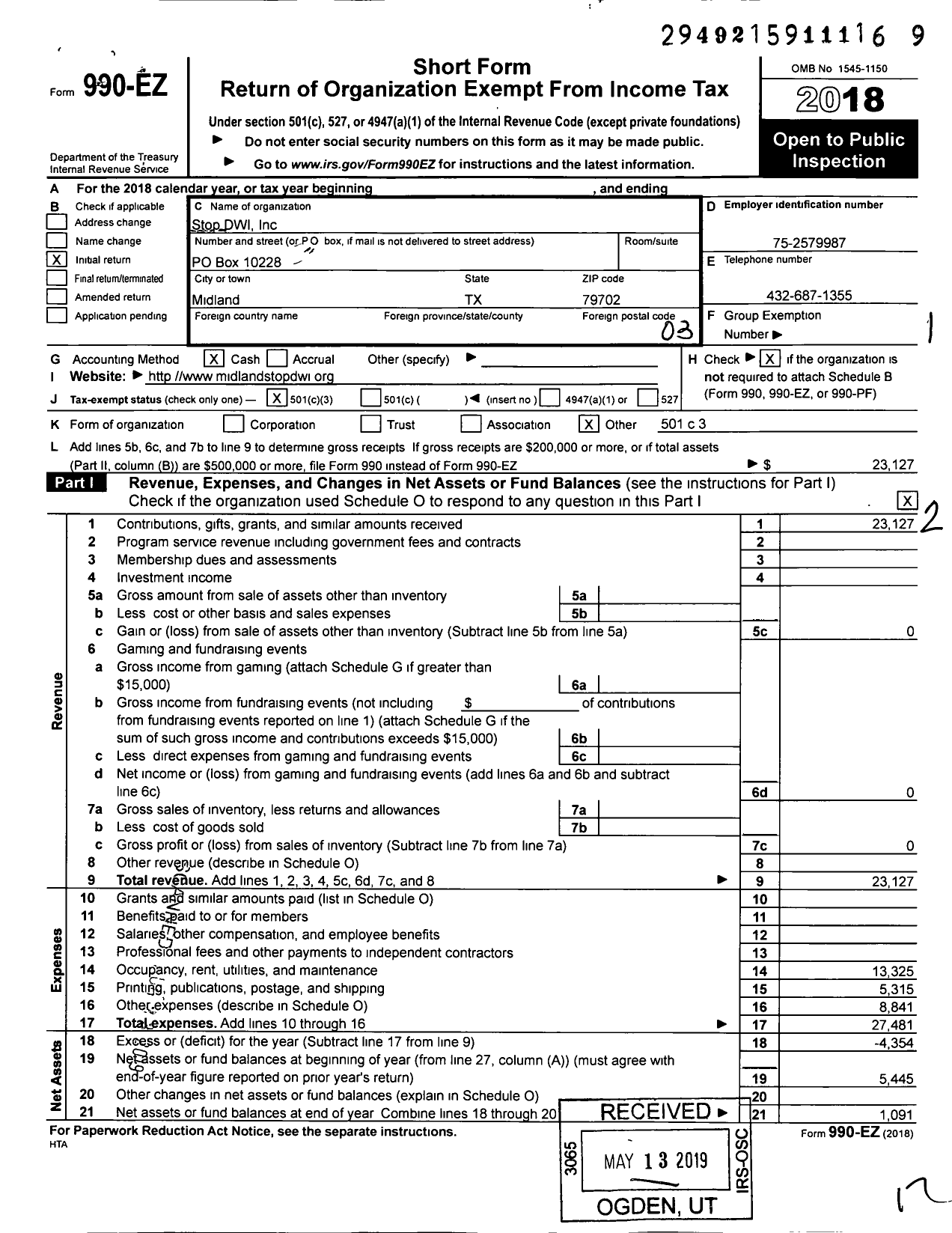 Image of first page of 2018 Form 990EZ for Stop Dwi