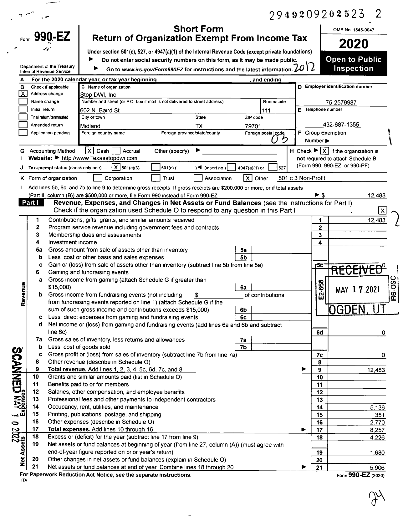 Image of first page of 2020 Form 990EZ for Stop Dwi