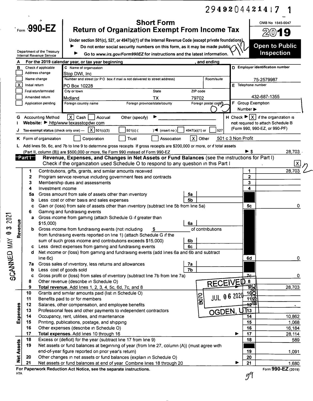 Image of first page of 2019 Form 990EZ for Stop Dwi