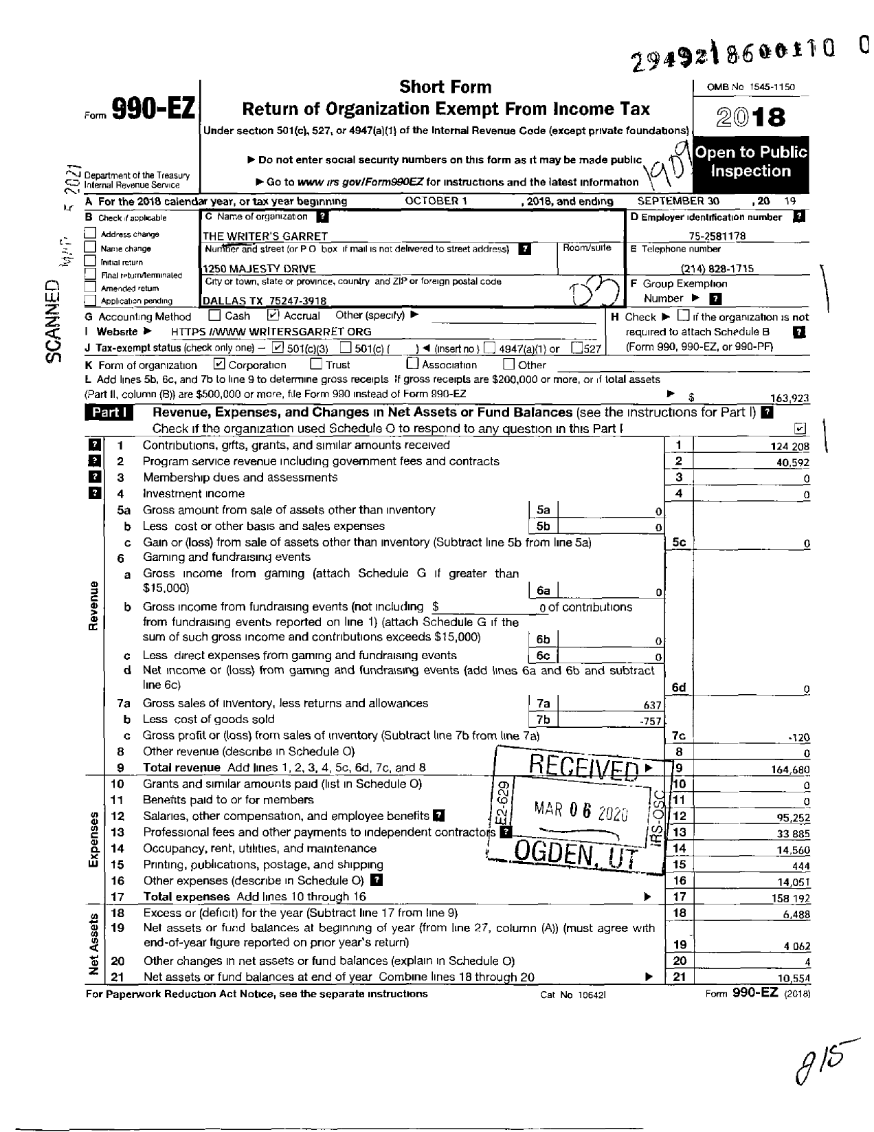 Image of first page of 2018 Form 990EZ for Writers Garret