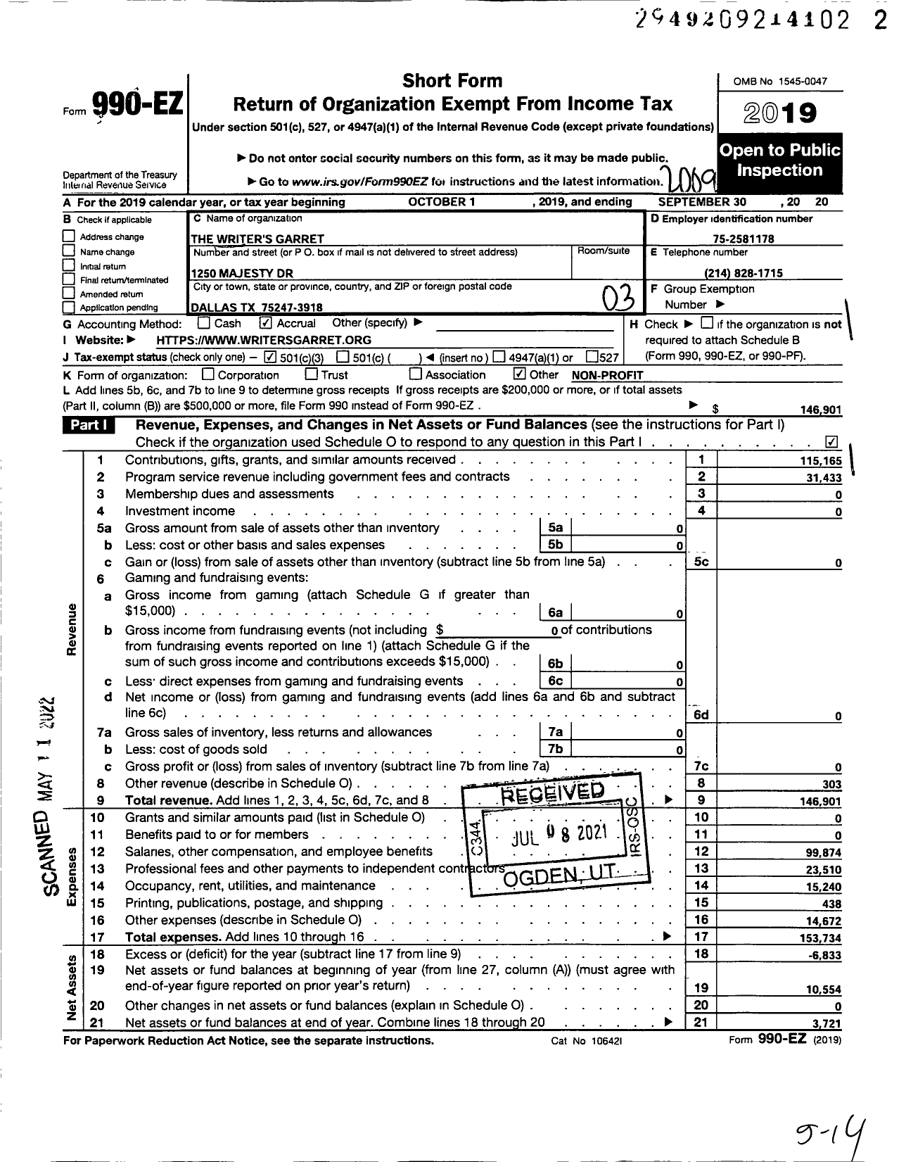 Image of first page of 2019 Form 990EZ for Writers Garret