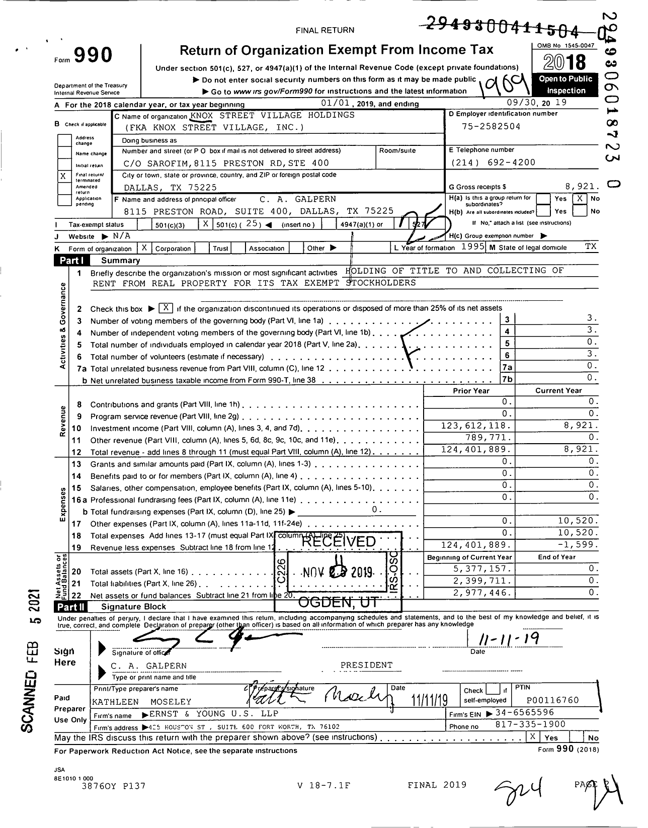 Image of first page of 2018 Form 990O for Knox Street Village Holdings