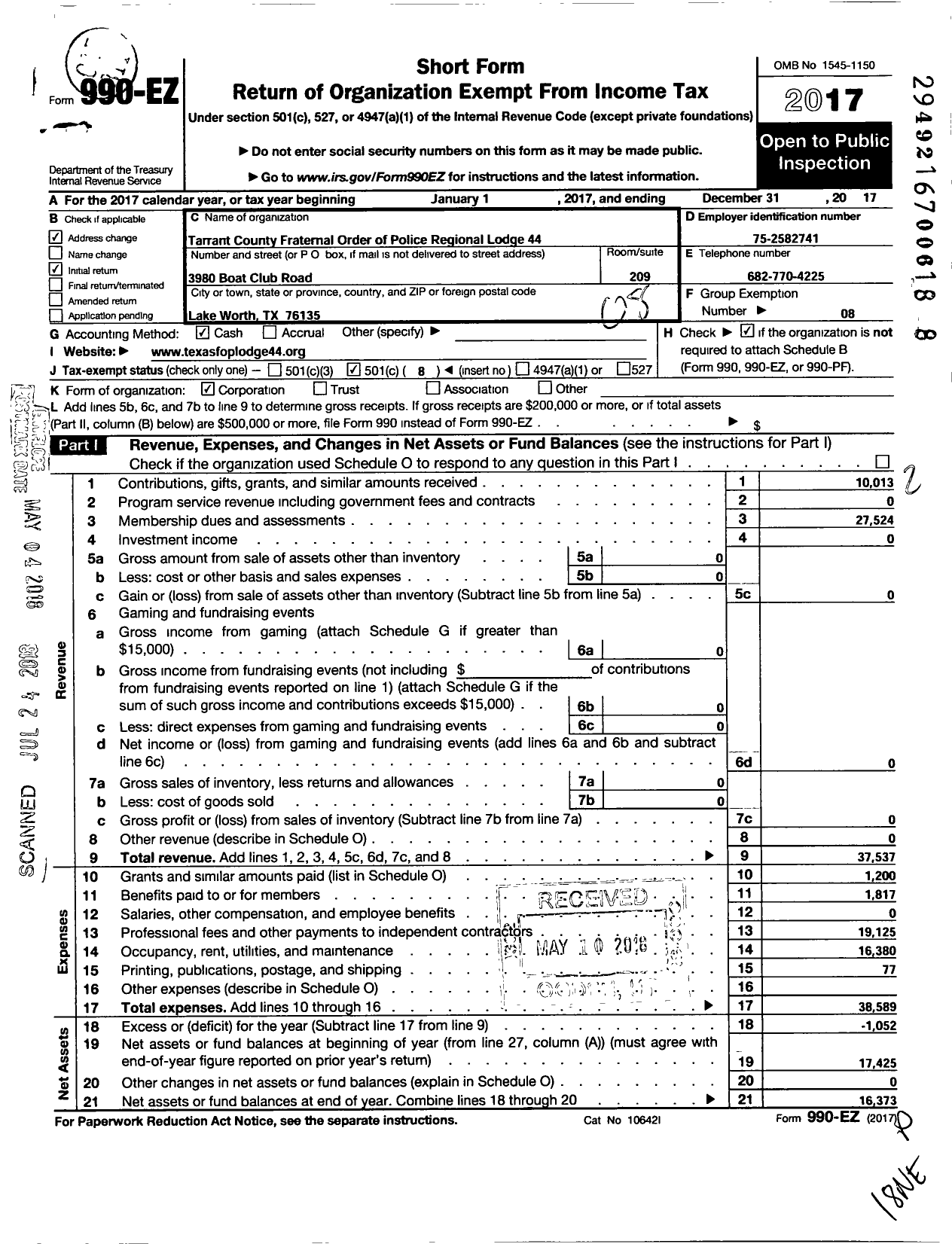 Image of first page of 2017 Form 990EO for Fraternal Order of Police - 44 Tarrant County Fop