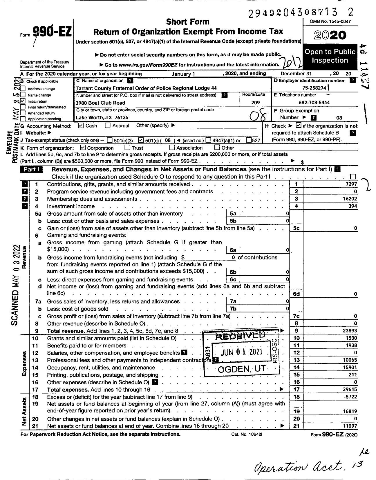 Image of first page of 2020 Form 990EO for Fraternal Order of Police - 44 Tarrant County Fop