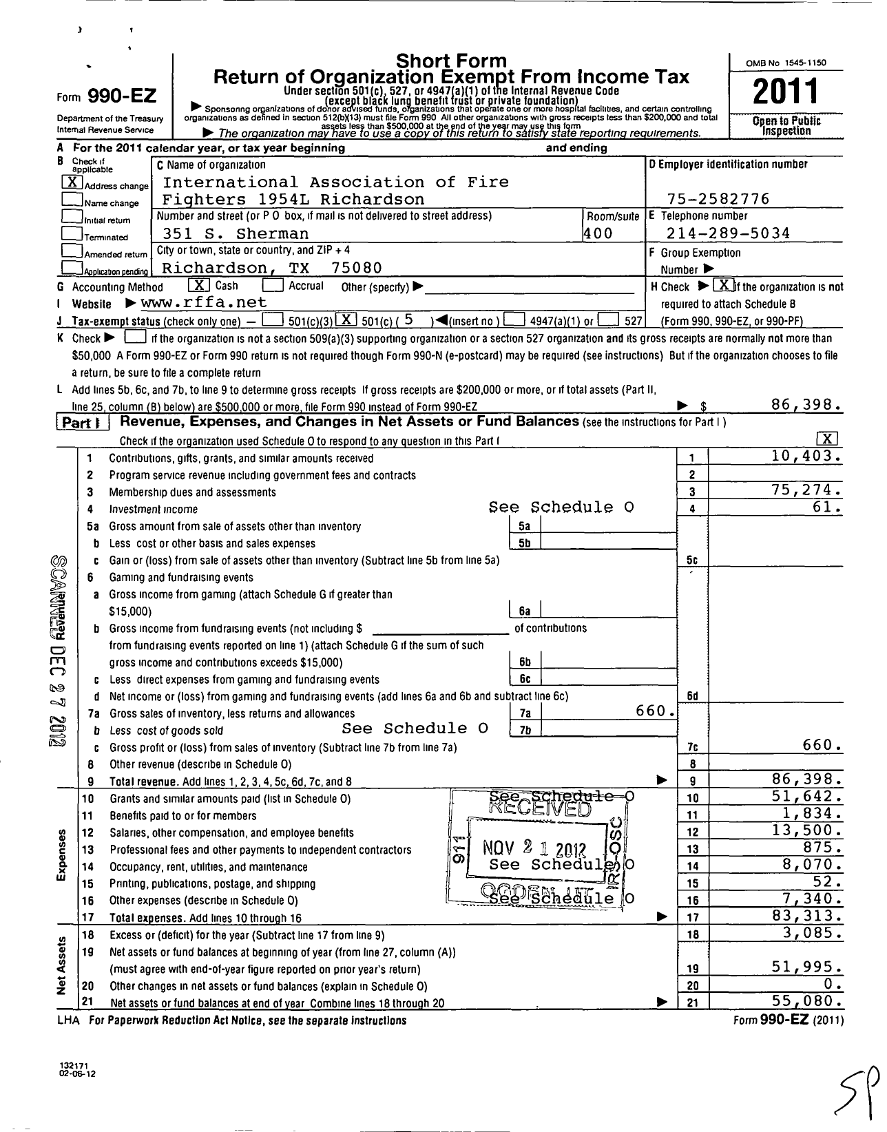 Image of first page of 2011 Form 990EO for International Association of Fire Fighthers 1954L Richardson