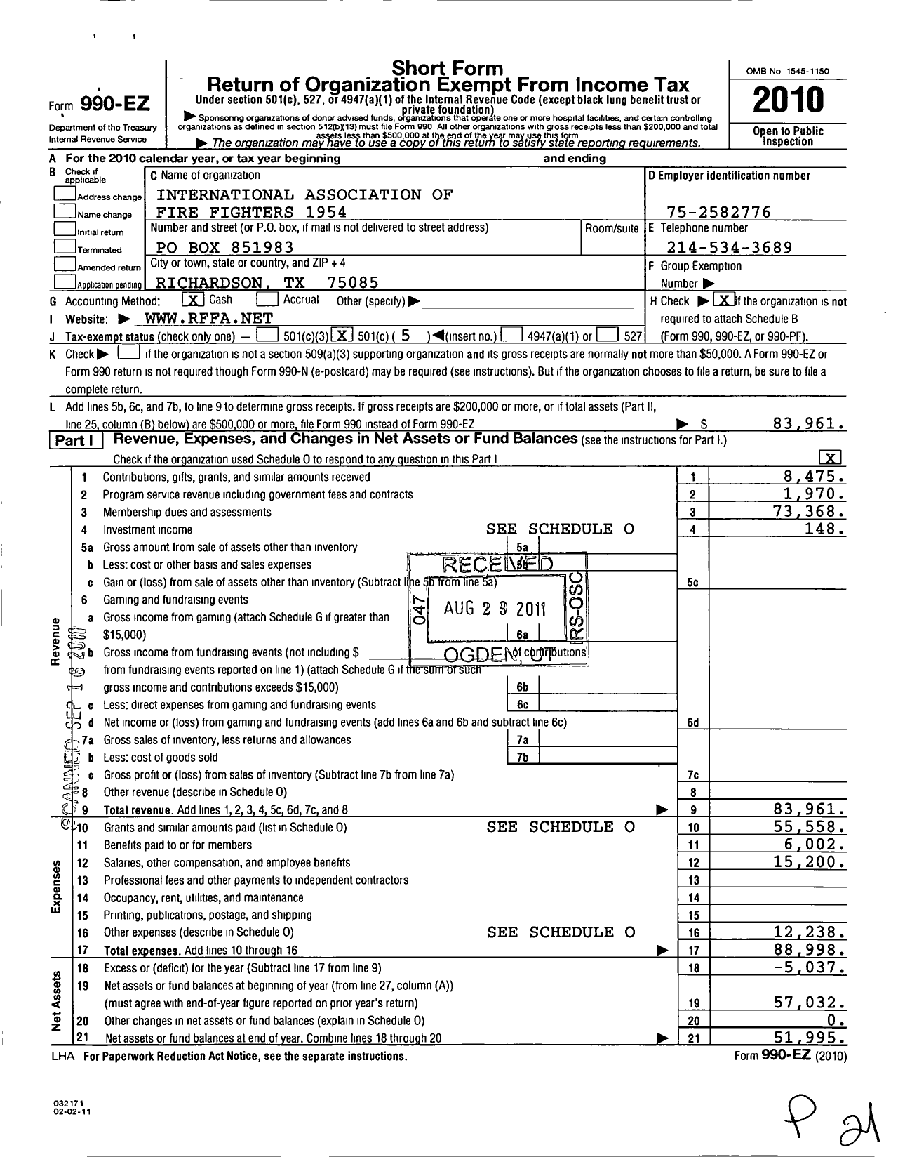 Image of first page of 2010 Form 990EO for International Association of Fire Fighthers 1954L Richardson