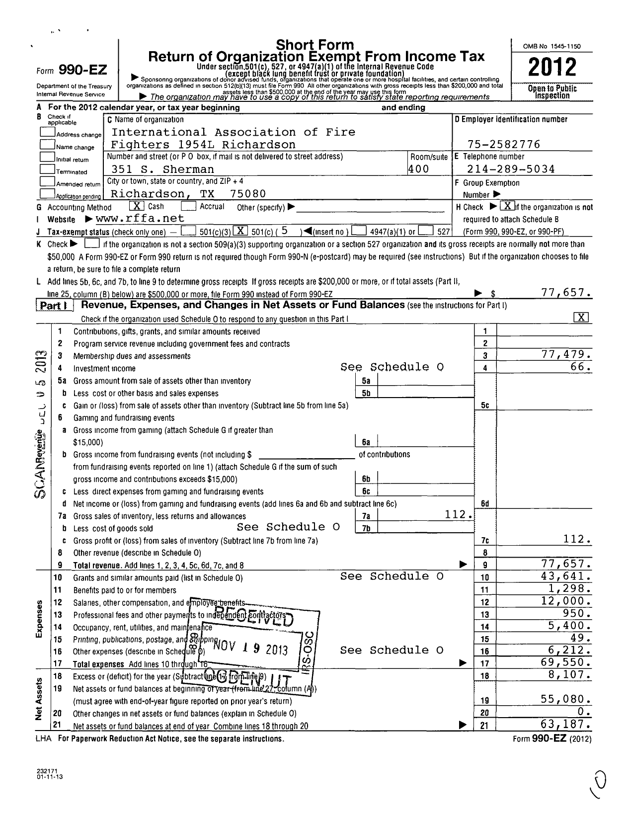 Image of first page of 2012 Form 990EO for International Association of Fire Fighthers 1954L Richardson