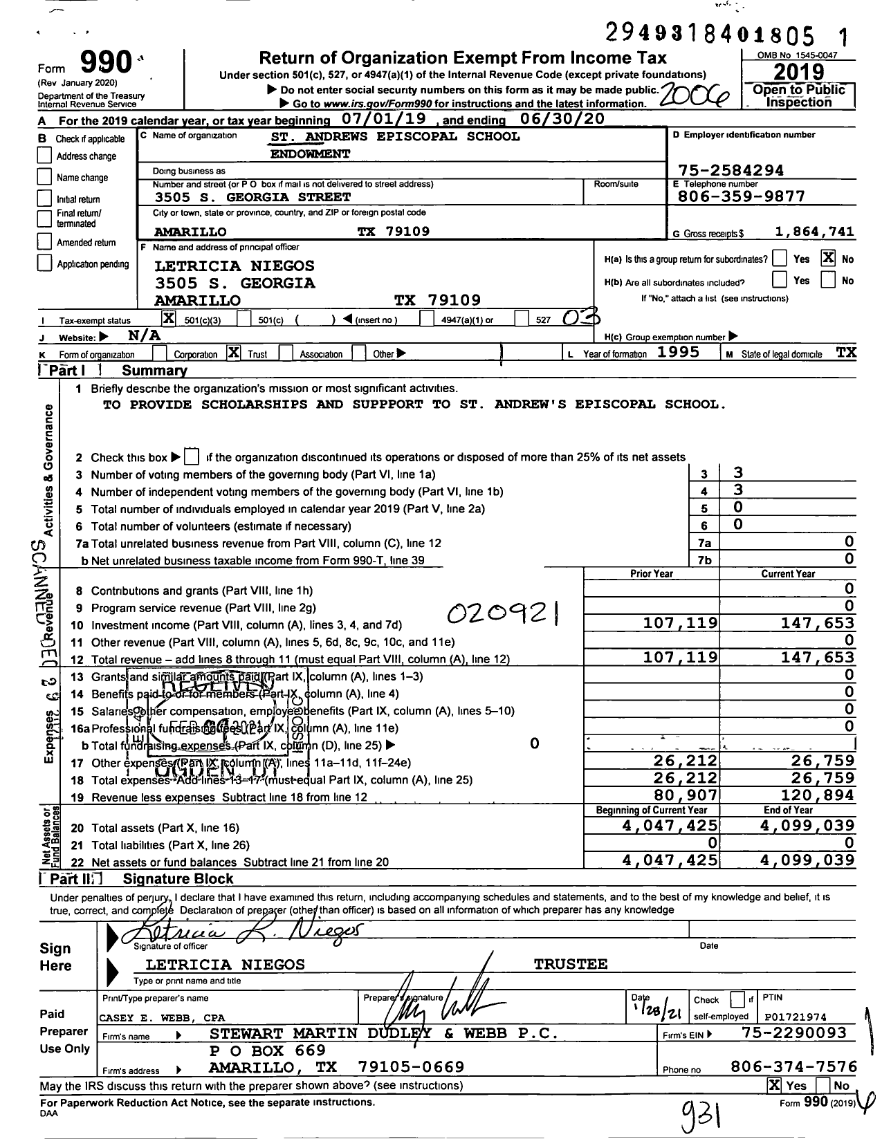 Image of first page of 2019 Form 990 for St Andrews Episcopal School Endowment