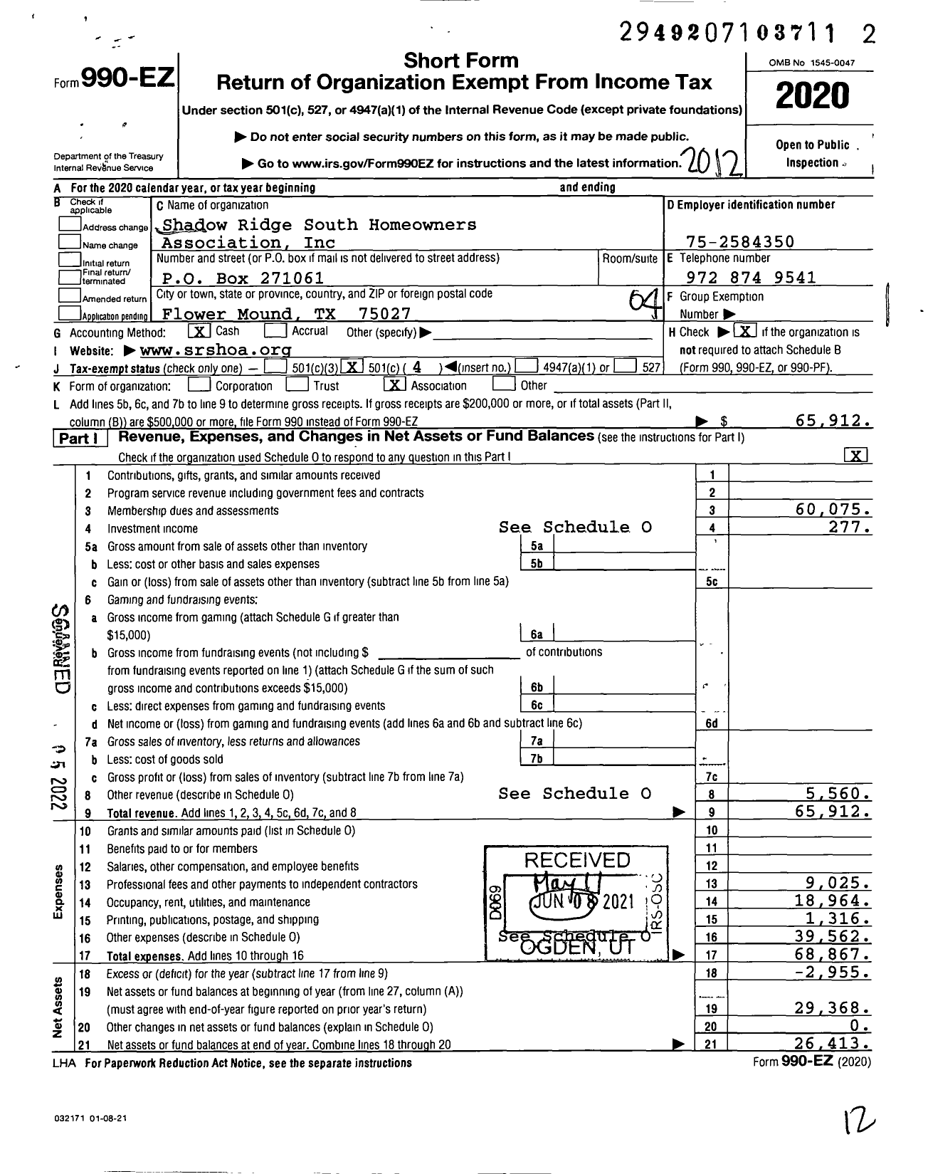 Image of first page of 2020 Form 990EO for Shadow Ridge South Homeowners Association