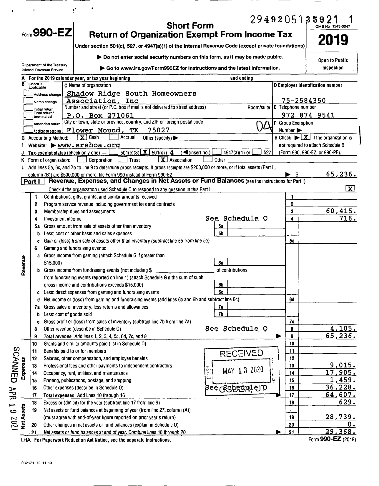 Image of first page of 2019 Form 990EO for Shadow Ridge South Homeowners Association