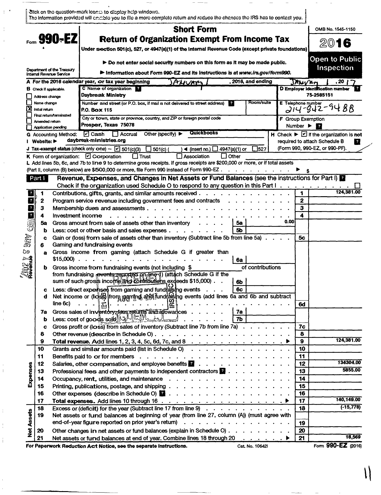 Image of first page of 2016 Form 990EZ for Day Break Ministry