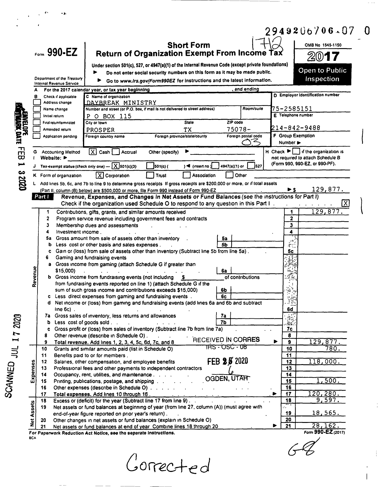 Image of first page of 2017 Form 990EZ for Day Break Ministry