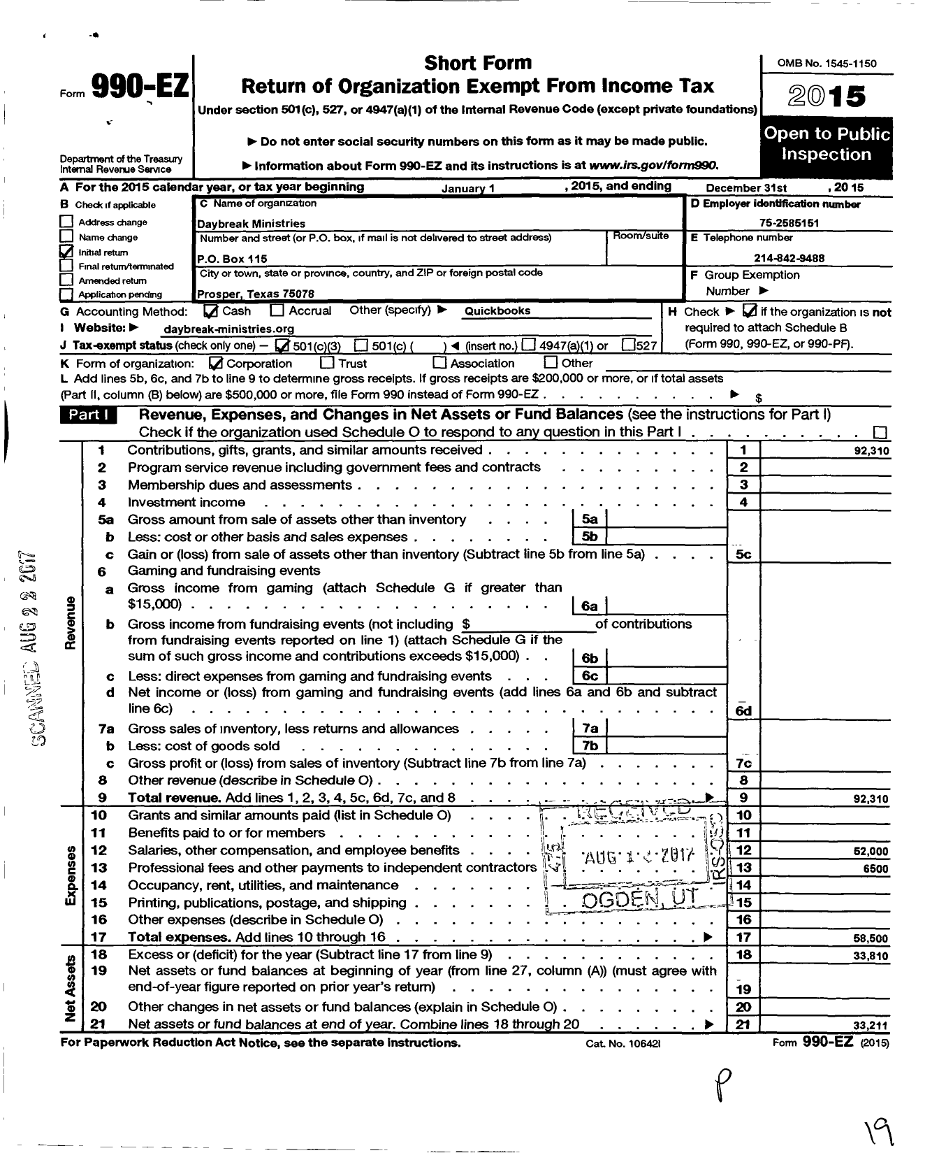 Image of first page of 2015 Form 990EZ for Day Break Ministry