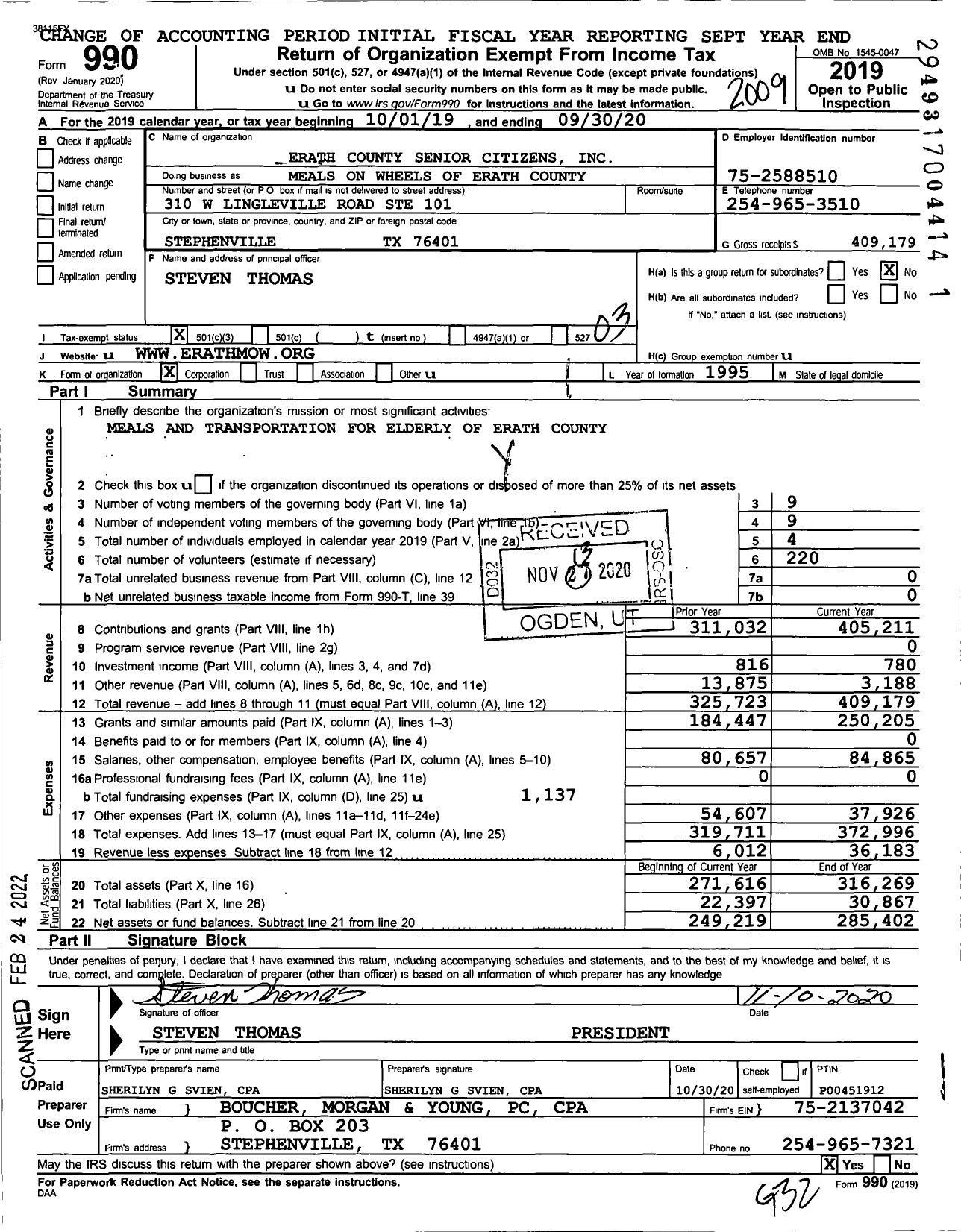 Image of first page of 2019 Form 990 for Meals on Wheels of Erath County