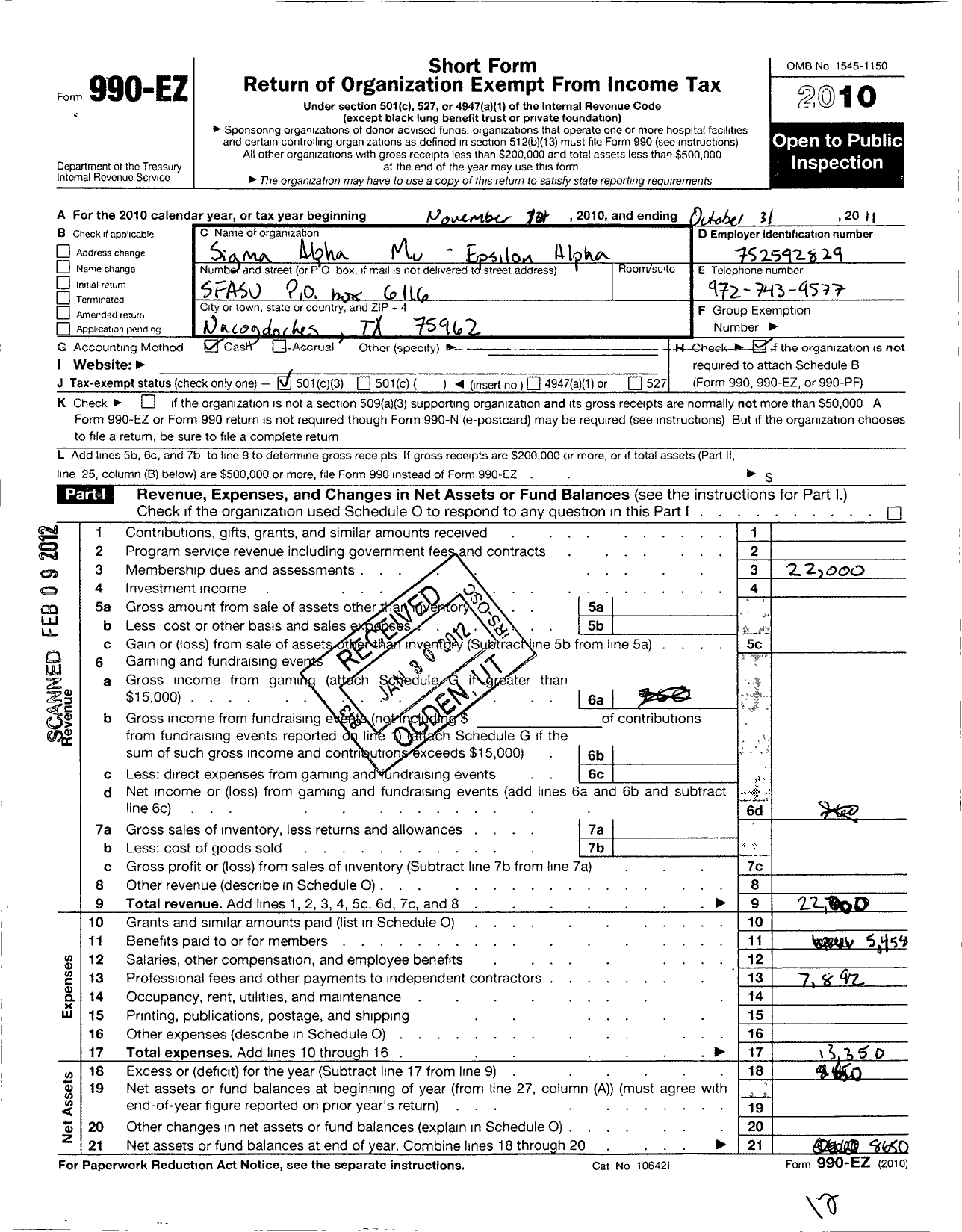 Image of first page of 2010 Form 990EZ for Sigma Alpha Mu Fraternity / Epsilon Alpha Chapter