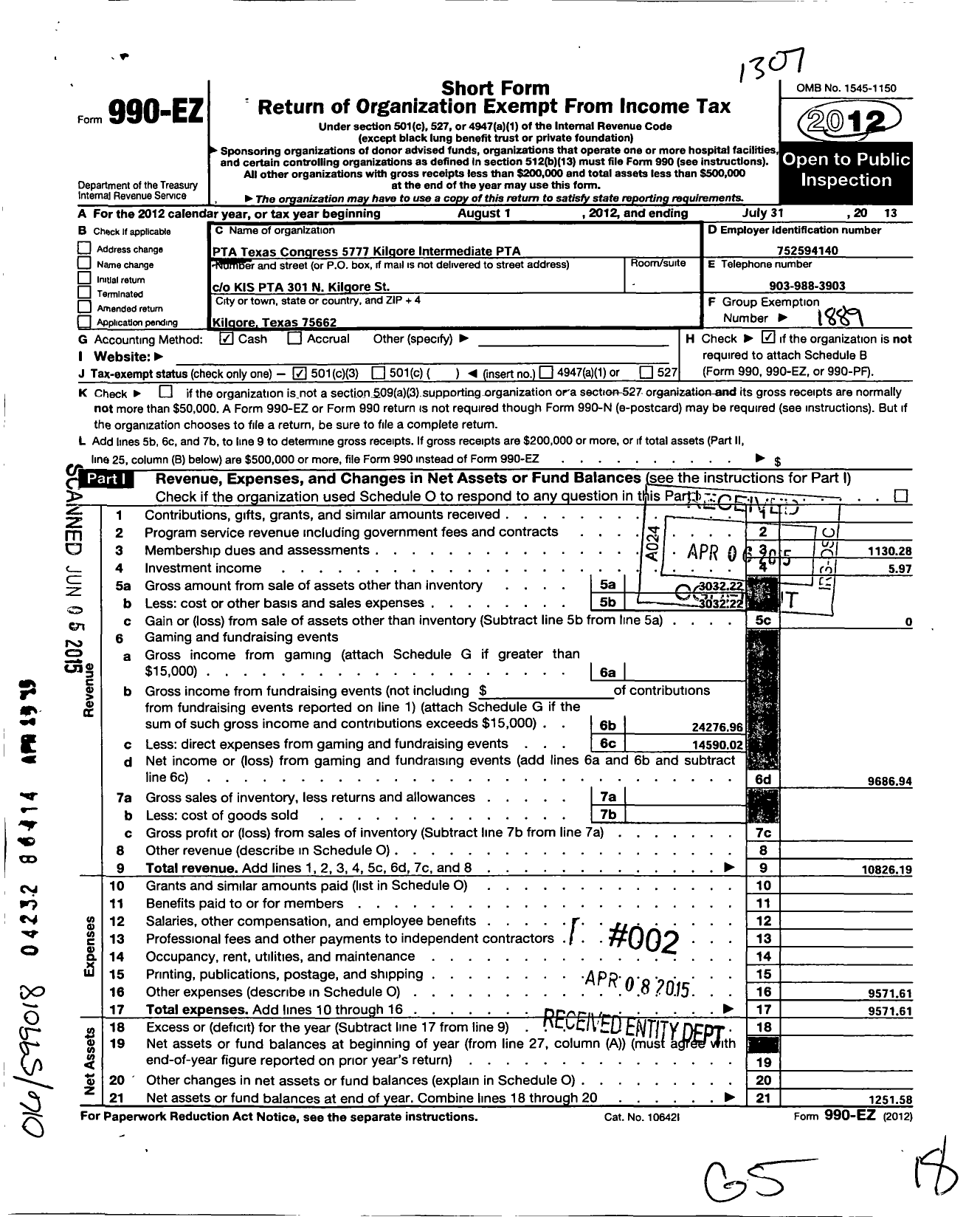 Image of first page of 2012 Form 990EZ for Texas PTA - 5777 Kilgore Intermediate PTA