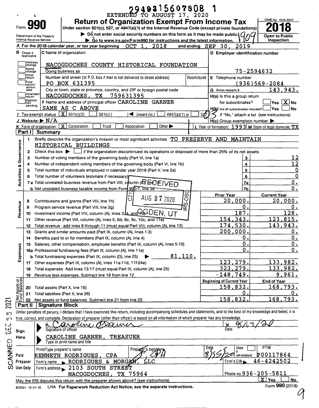 Image of first page of 2018 Form 990 for Nacogdoches County Historical Foundation