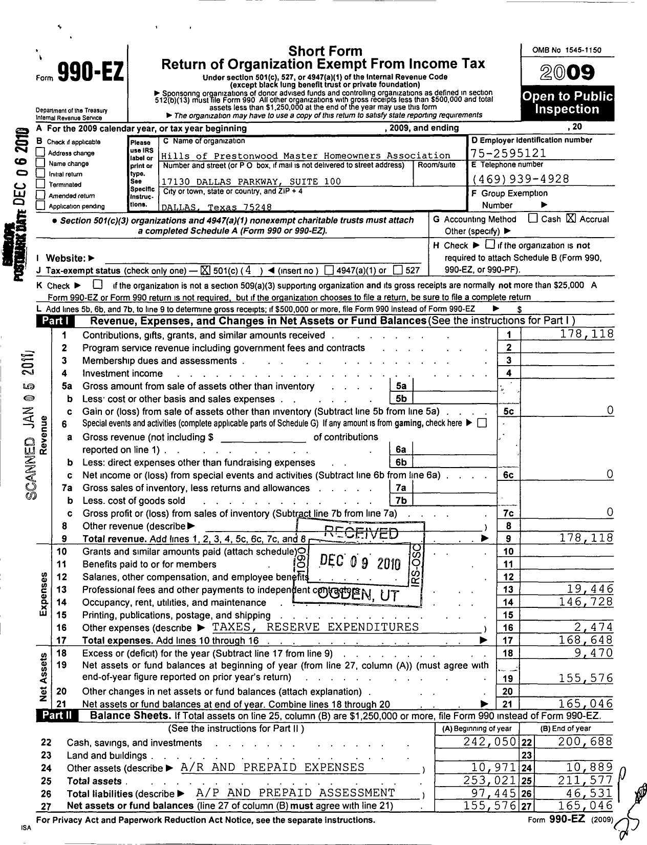 Image of first page of 2009 Form 990EO for Hills Of Prestonwood Master Homeowners Association