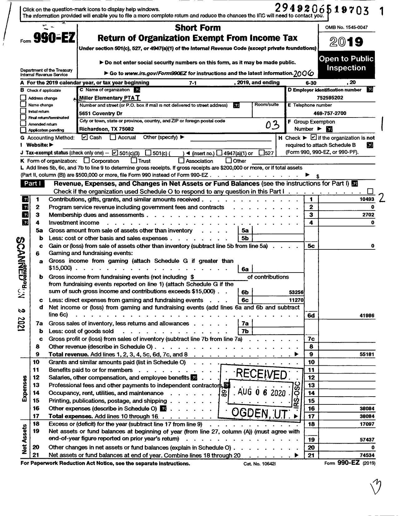 Image of first page of 2019 Form 990EZ for Texas PTA - 7450 Miller Elementary