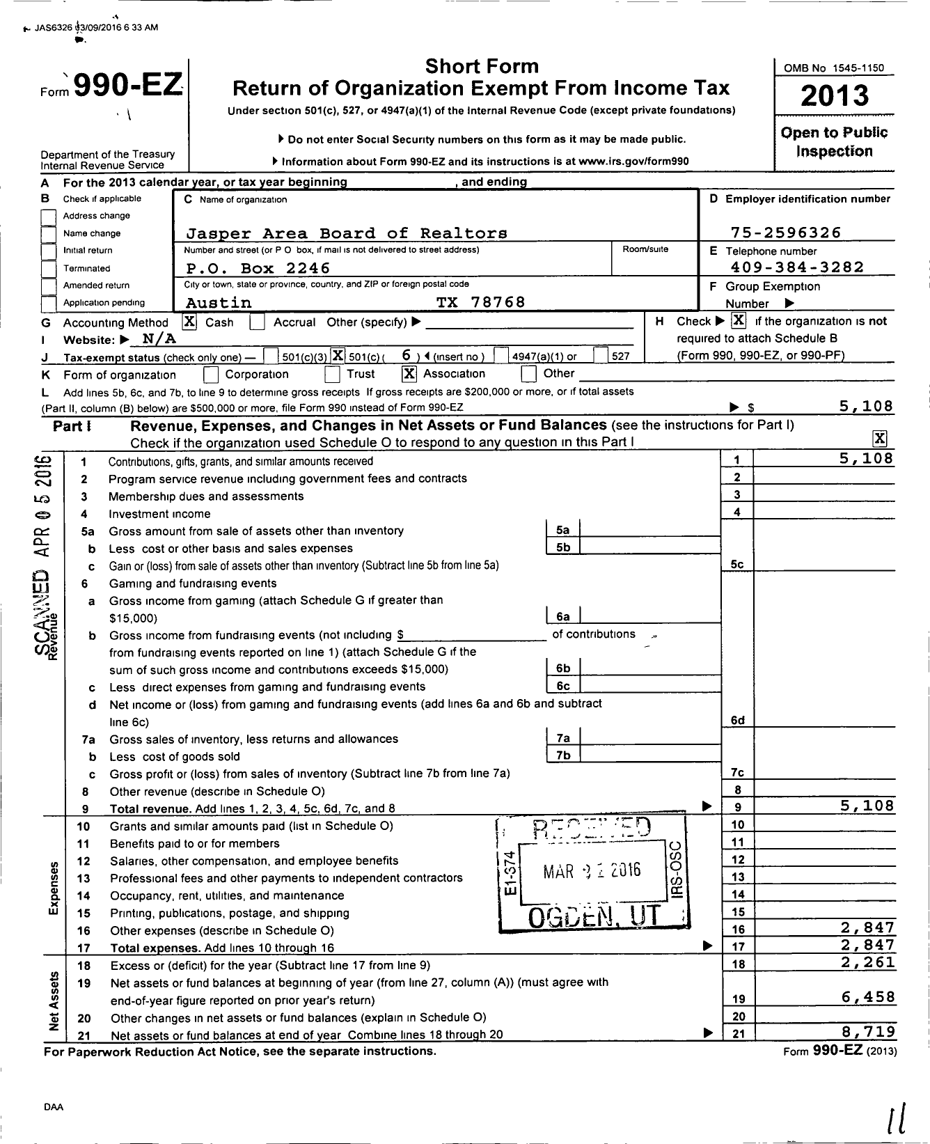 Image of first page of 2013 Form 990EO for Jasper Area Board of Realtors