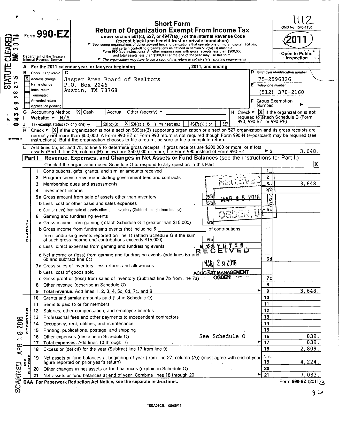 Image of first page of 2011 Form 990EO for Jasper Area Board of Realtors