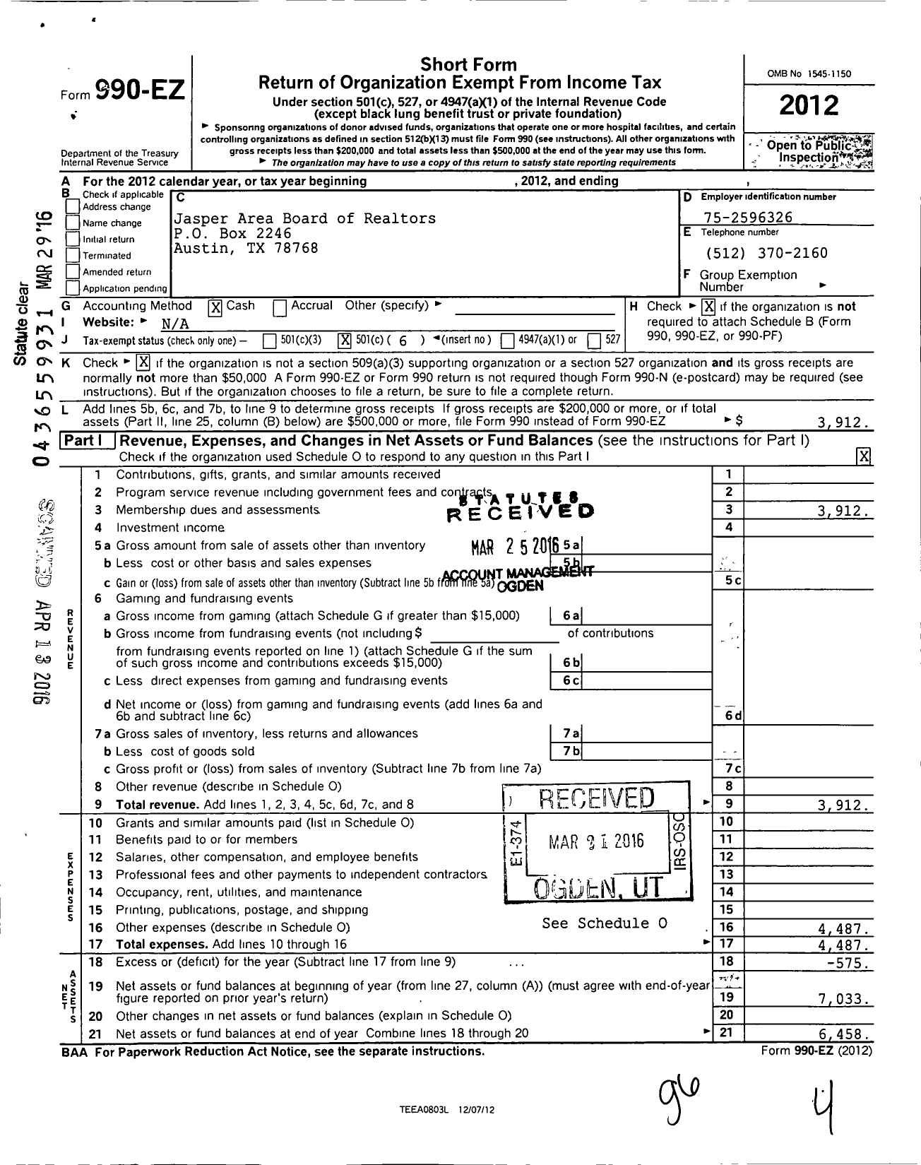 Image of first page of 2012 Form 990EO for Jasper Area Board of Realtors