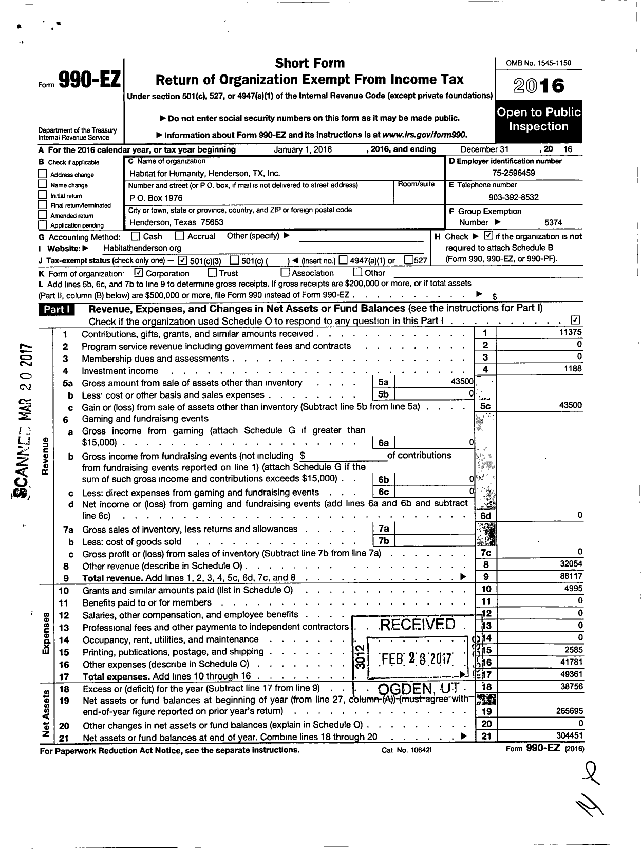 Image of first page of 2016 Form 990EZ for Habitat for Humanity Henderson TX