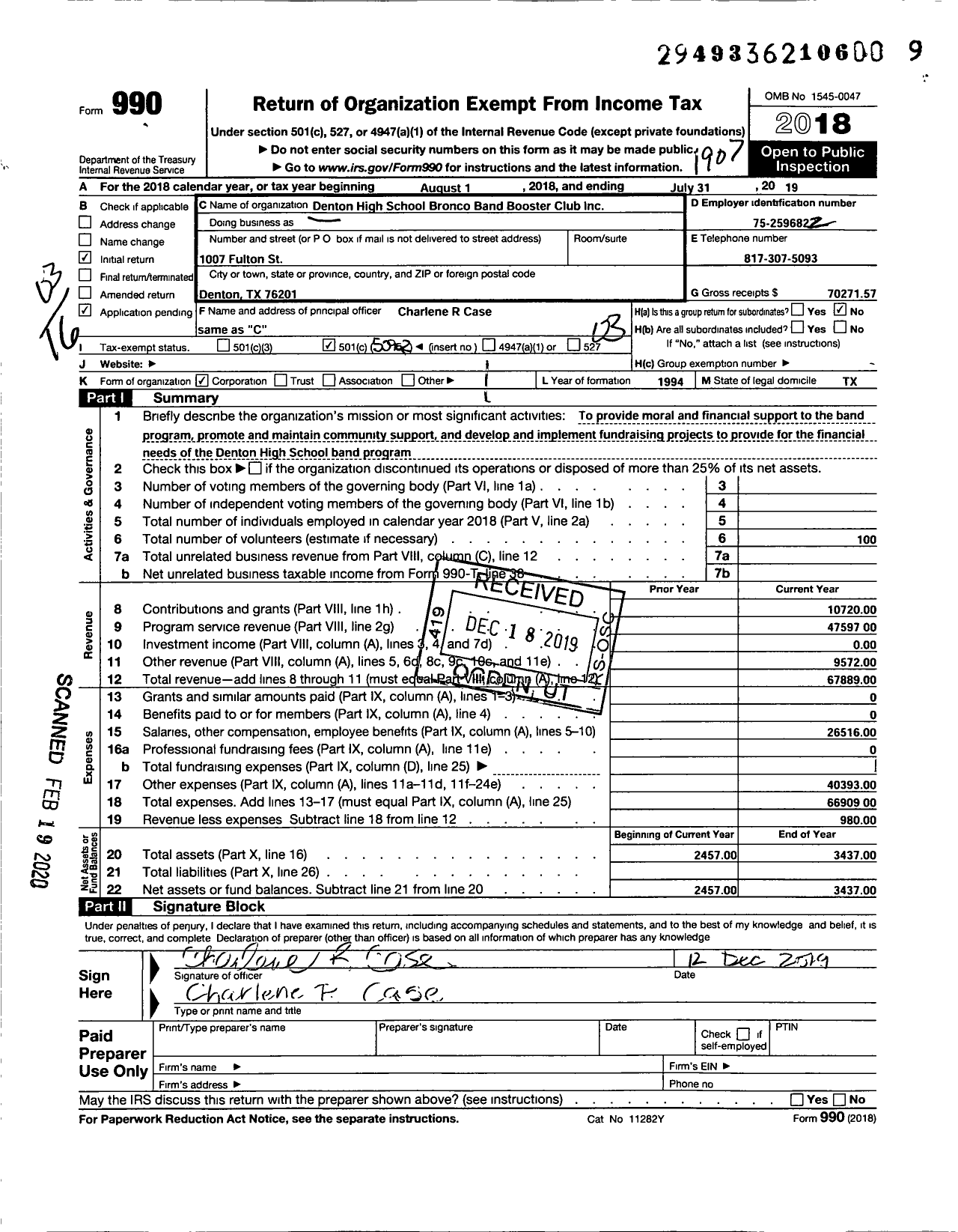 Image of first page of 2018 Form 990 for Denton High School Bronco Band Boosters Club