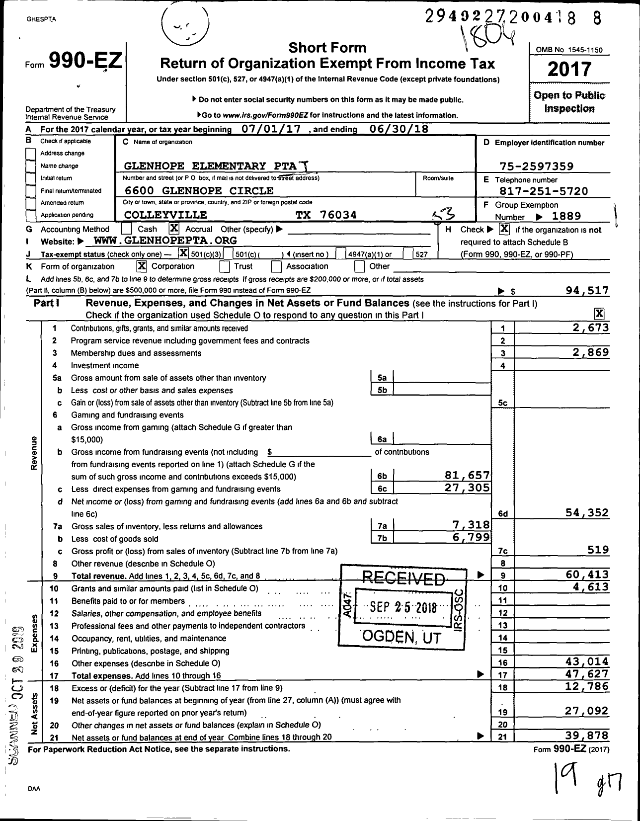 Image of first page of 2017 Form 990EZ for TEXAS PTA - 4405 Glenhope Elementary