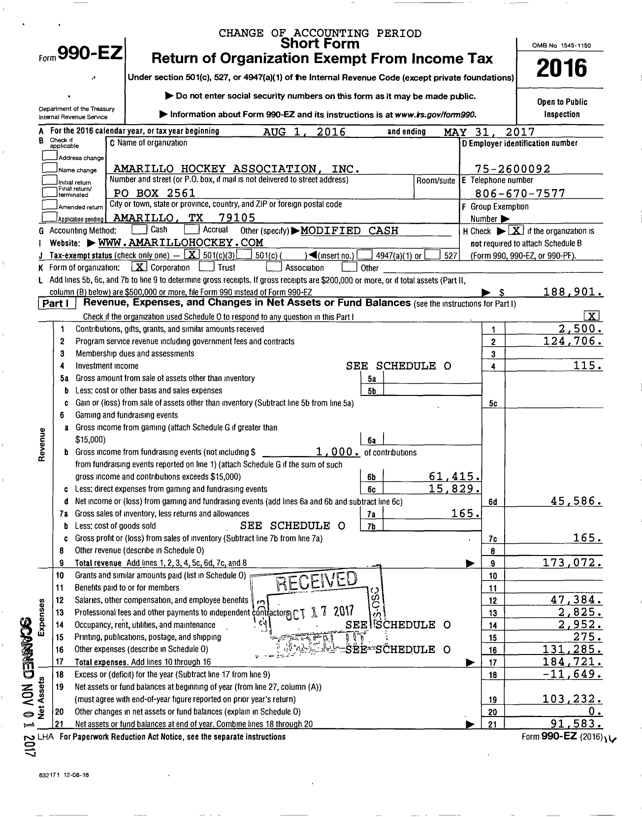 Image of first page of 2016 Form 990EZ for Amarillo Hockey Association