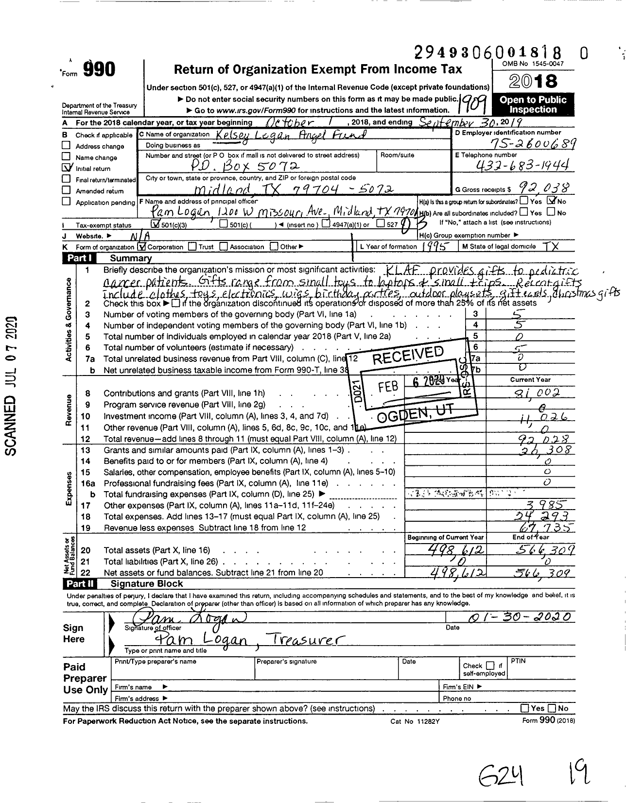 Image of first page of 2018 Form 990 for Kelsey Logan Angel Fund